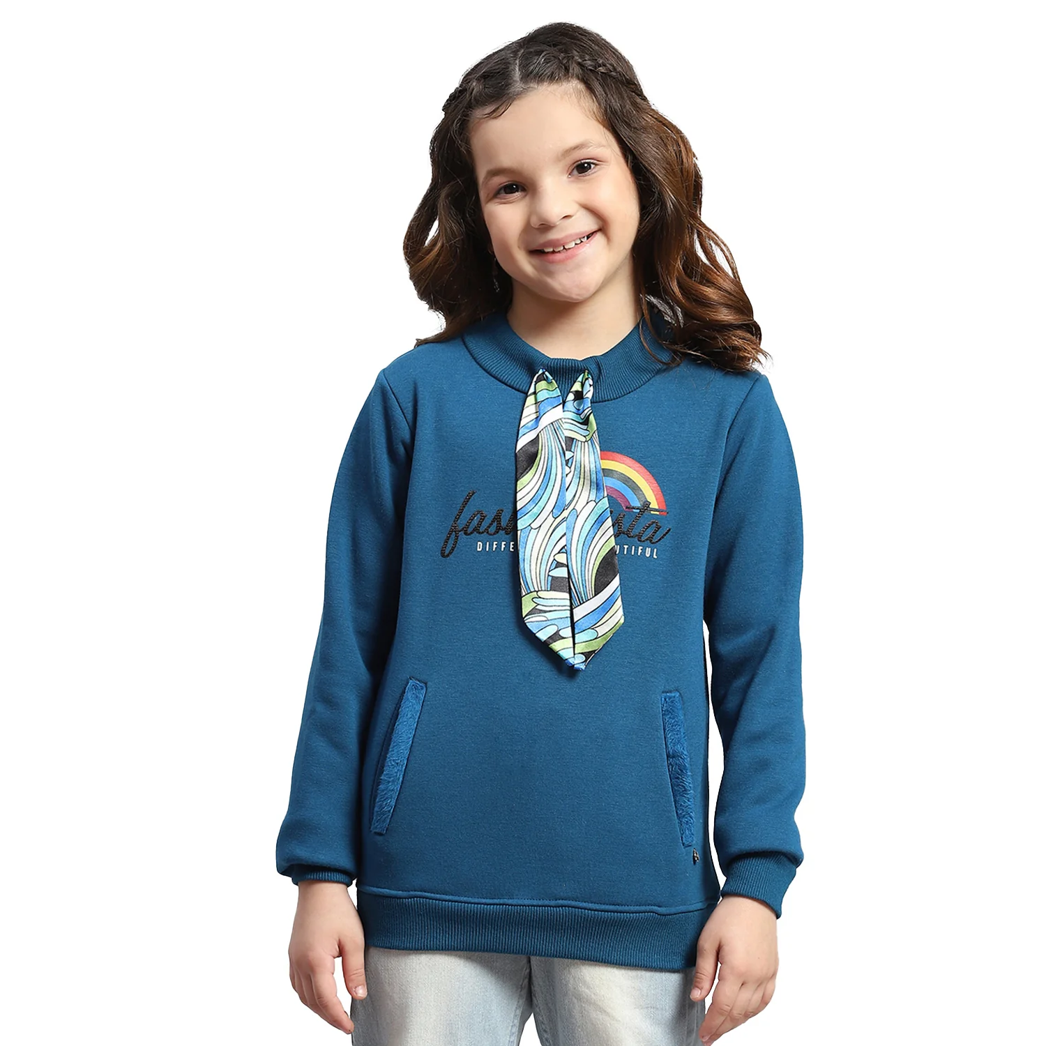 Girls Teal Blue Printed Round Neck Full Sleeve Sweatshirt - Image 6