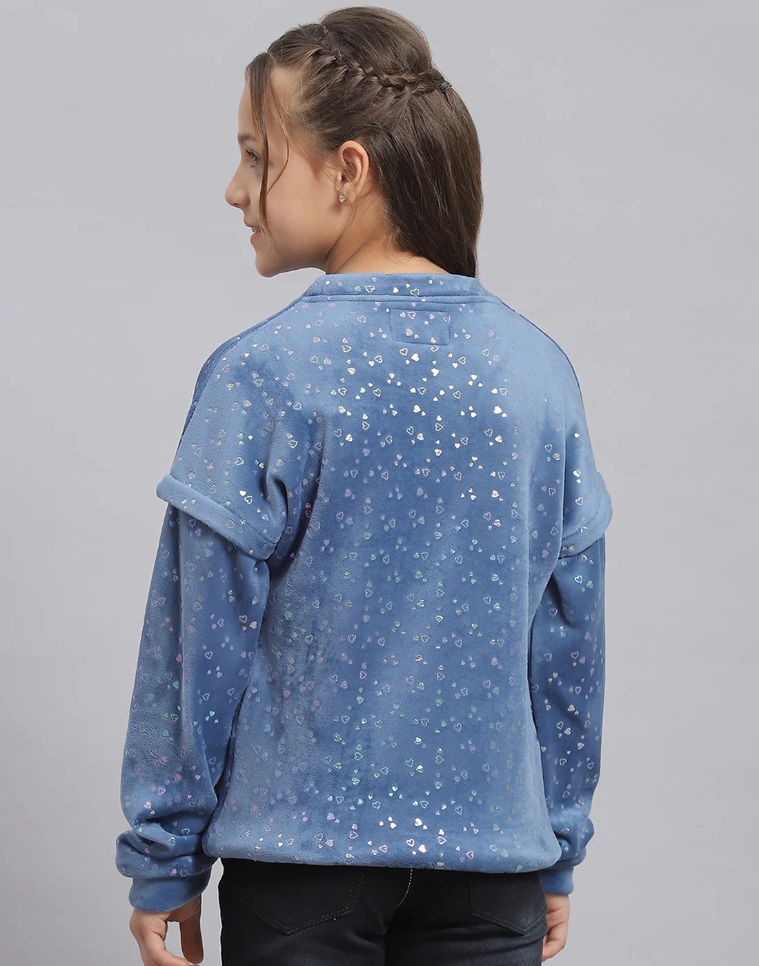 Girls Teal Blue Printed Round Neck Full Sleeve Sweatshirt - Image 5