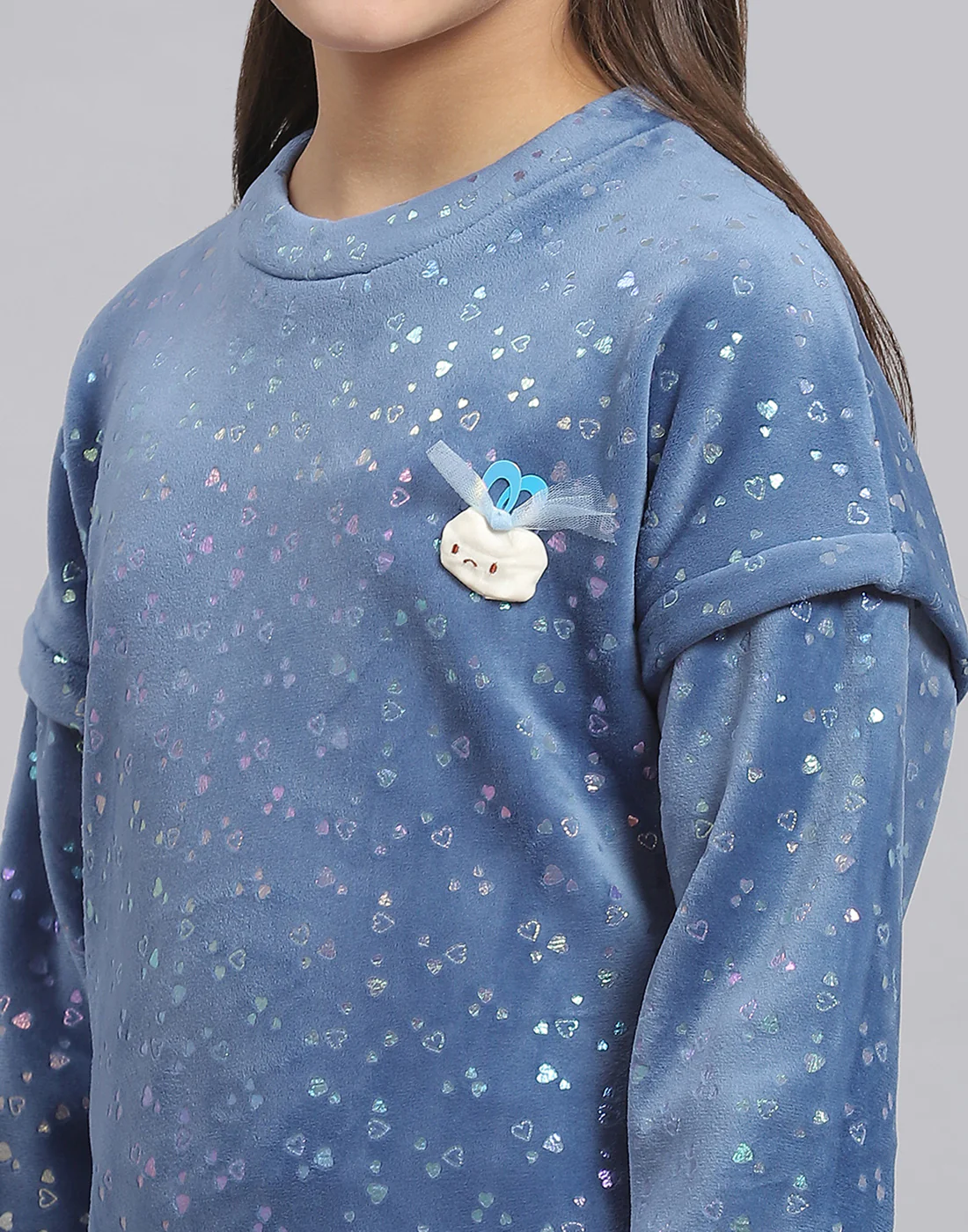 Girls Teal Blue Printed Round Neck Full Sleeve Sweatshirt - Image 6