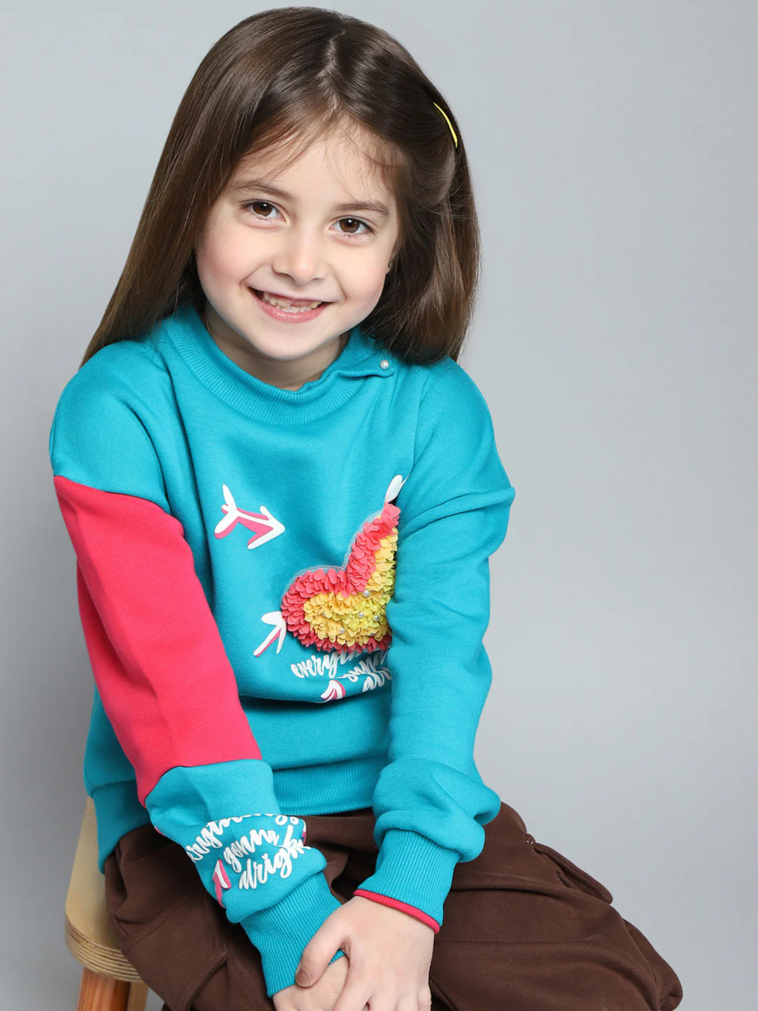 Girls Teal Blue Printed Round Neck Full Sleeve Sweatshirt - Image 6