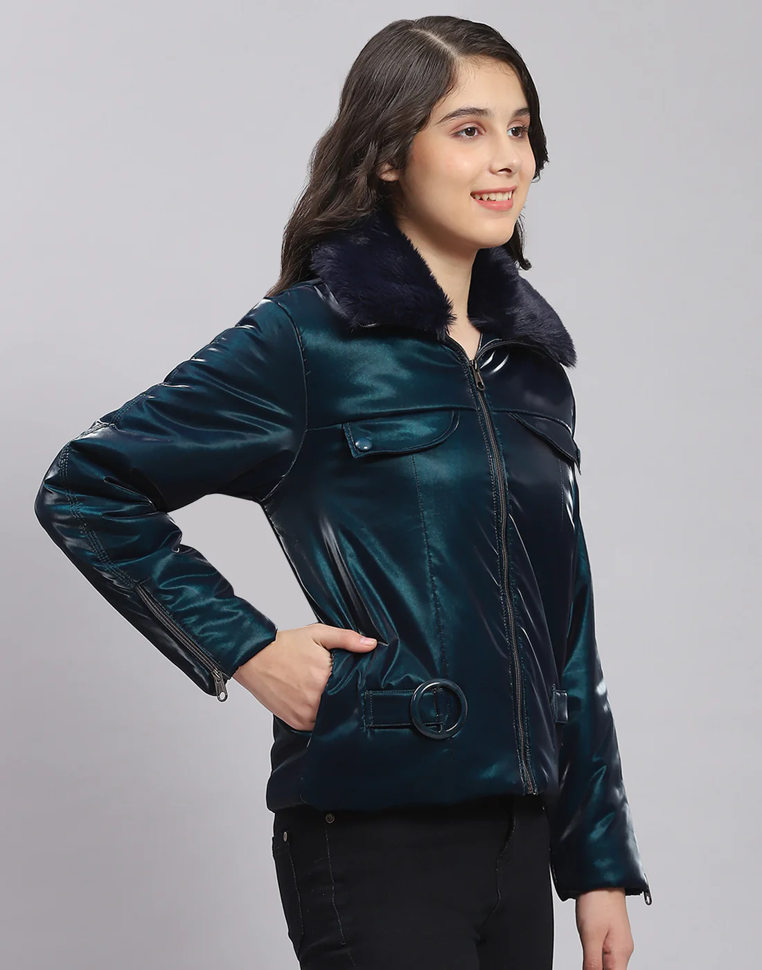 Girls Teal Blue Solid Collar Full Sleeve Girls Jacket - Image 4