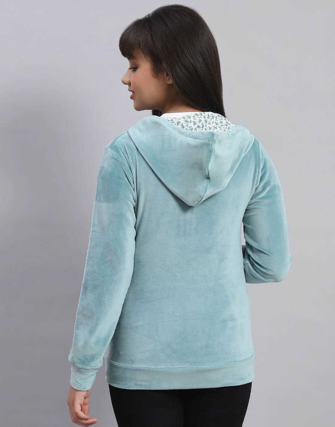 Girls Teal Blue Solid Hooded Full Sleeve Sweatshirt - Image 6