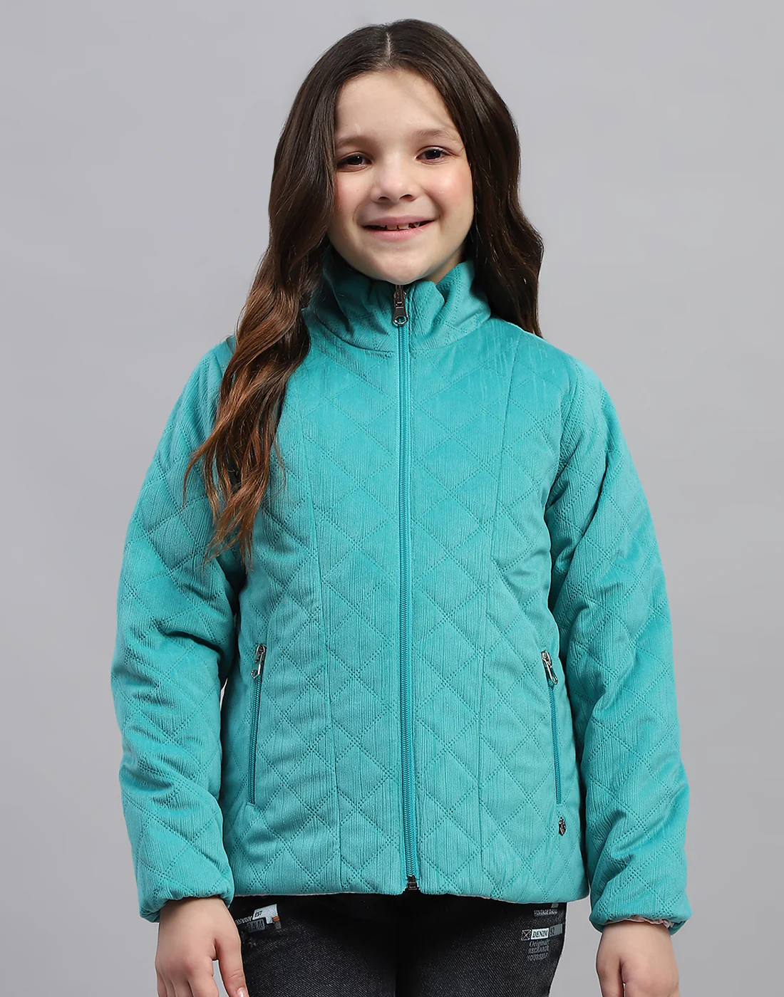 Girls Teal Blue Solid Mock Neck Full Sleeve Jacket - Image 2