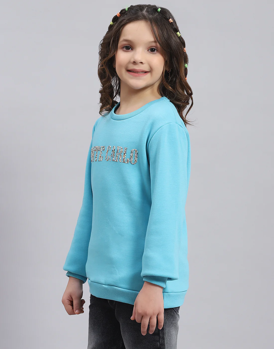 Girls Turquoise Blue Embellished Round Neck Full Sleeve Sweatshirt - Image 3