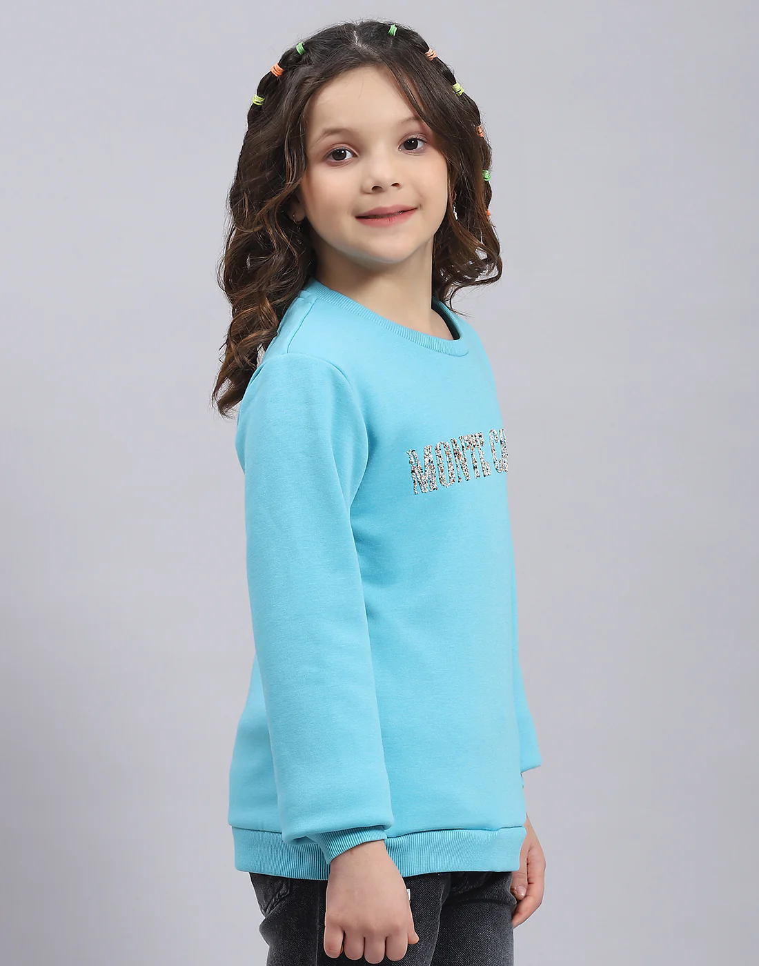 Girls Turquoise Blue Embellished Round Neck Full Sleeve Sweatshirt - Image 4