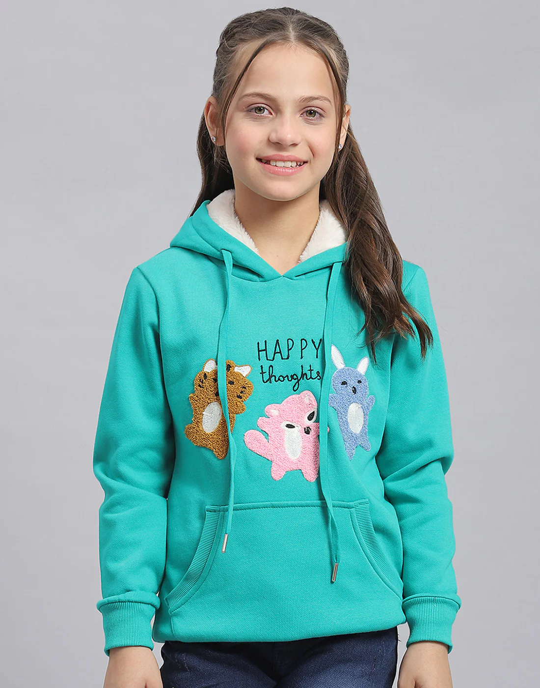 Girls Turquoise Blue Embroidered Hooded Full Sleeve Sweatshirt - Image 2