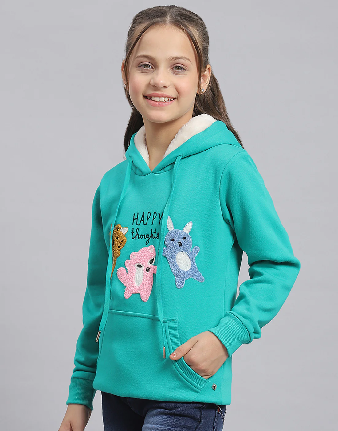 Girls Turquoise Blue Embroidered Hooded Full Sleeve Sweatshirt - Image 3