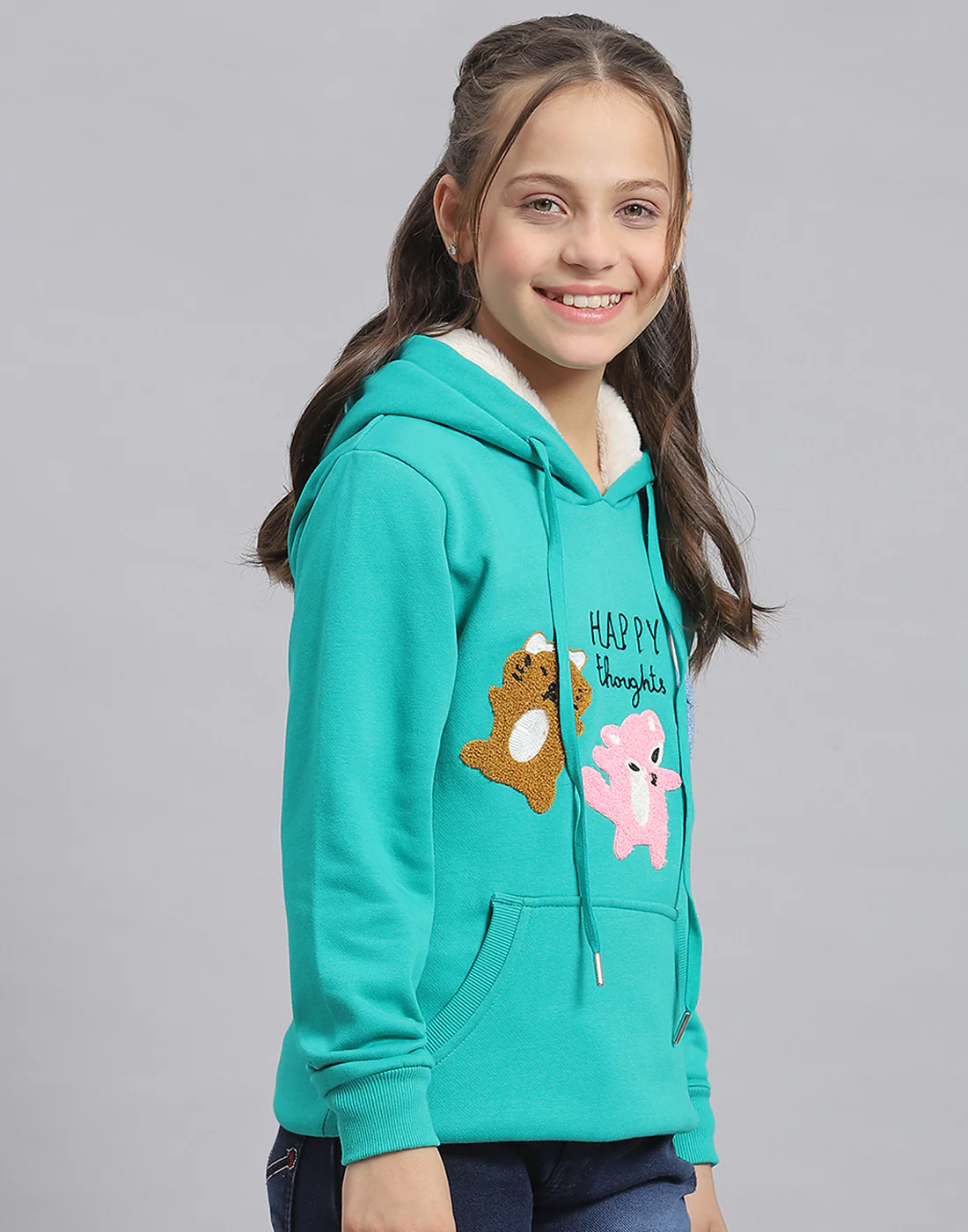 Girls Turquoise Blue Embroidered Hooded Full Sleeve Sweatshirt - Image 4