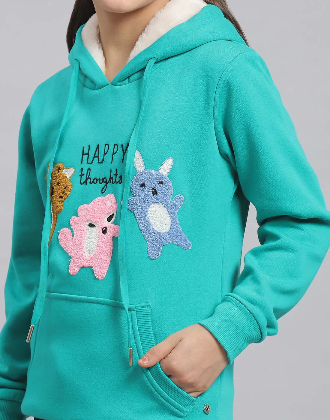 Girls Turquoise Blue Embroidered Hooded Full Sleeve Sweatshirt - Image 7