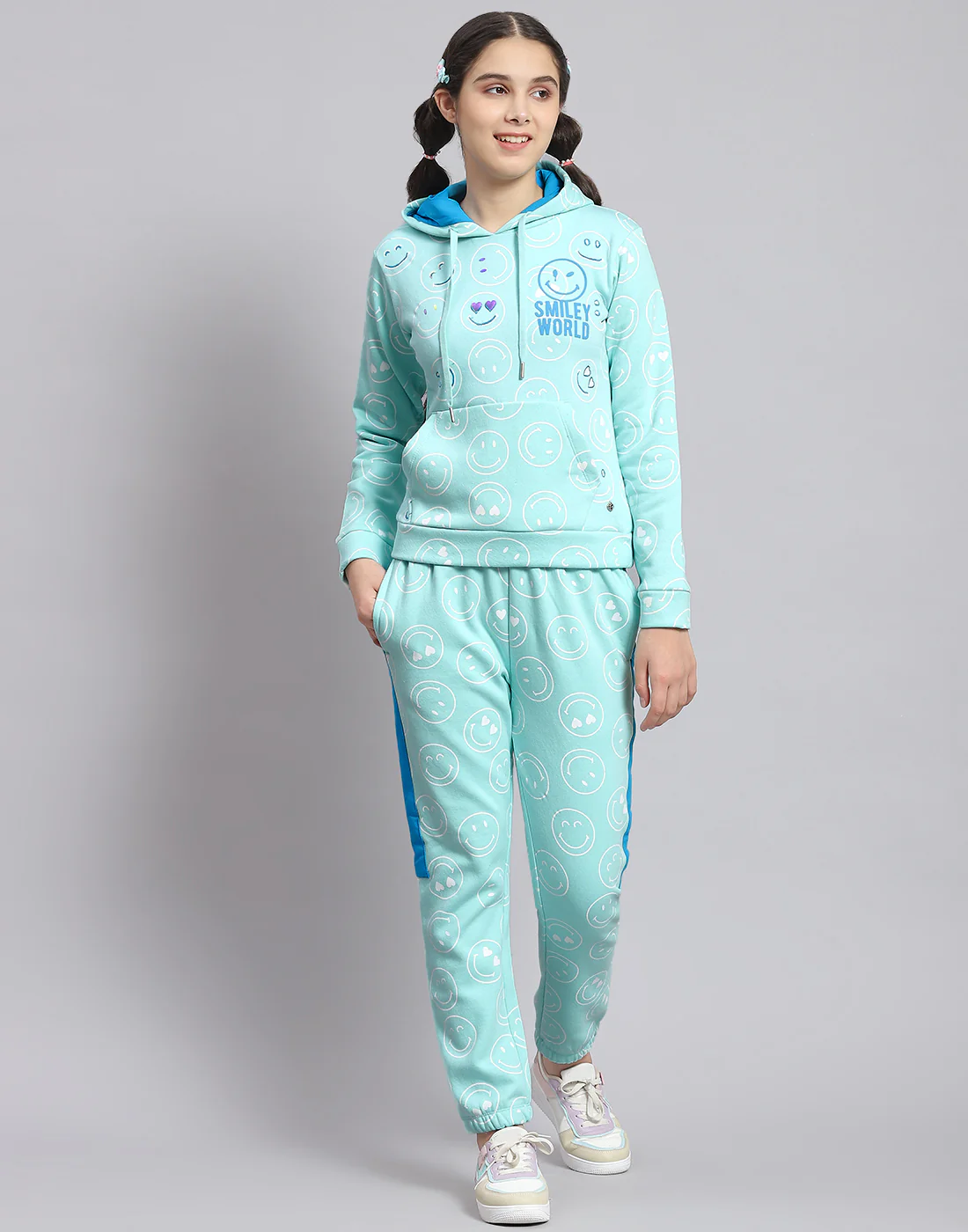 Girls Turquoise Blue Printed Hooded Full Sleeve Cords Set - Image 3