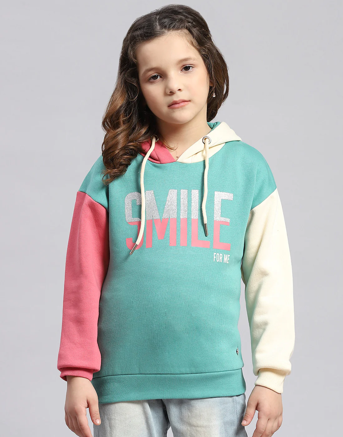 Girls Turquoise Blue Printed Hooded Full Sleeve Sweatshirt - Image 2