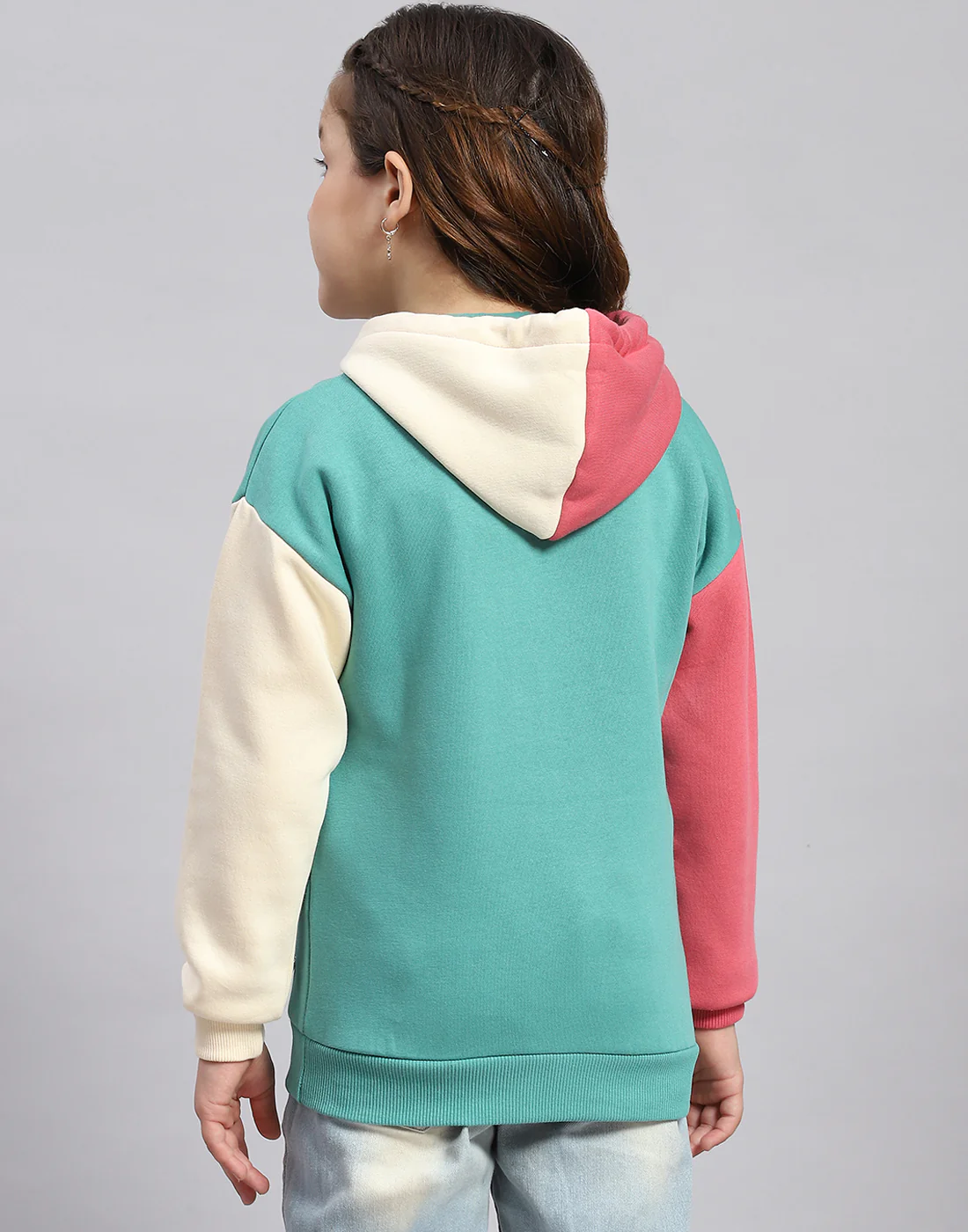 Girls Turquoise Blue Printed Hooded Full Sleeve Sweatshirt - Image 6