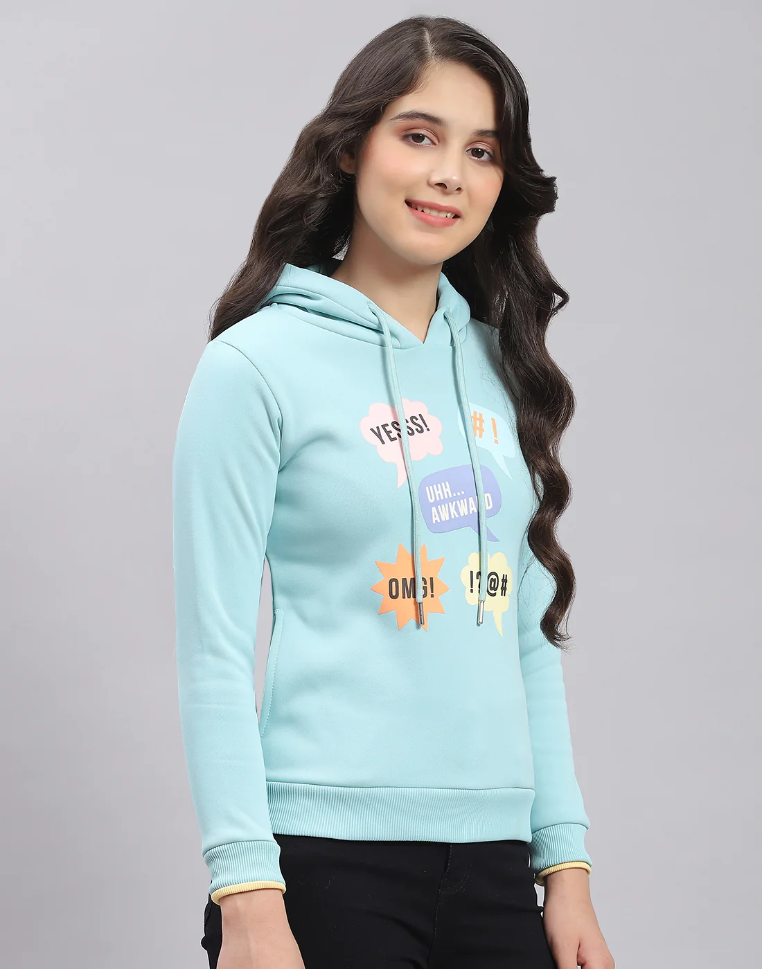 Girls Turquoise Blue Printed Hooded Full Sleeve Sweatshirt - Image 5