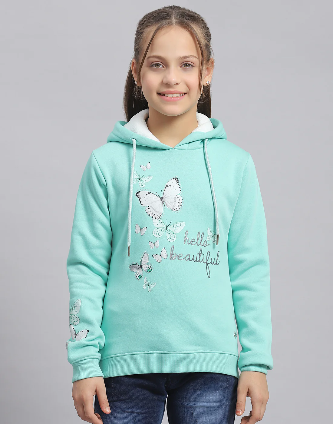 Girls Turquoise Blue Printed Hooded Full Sleeve Sweatshirt - Image 2