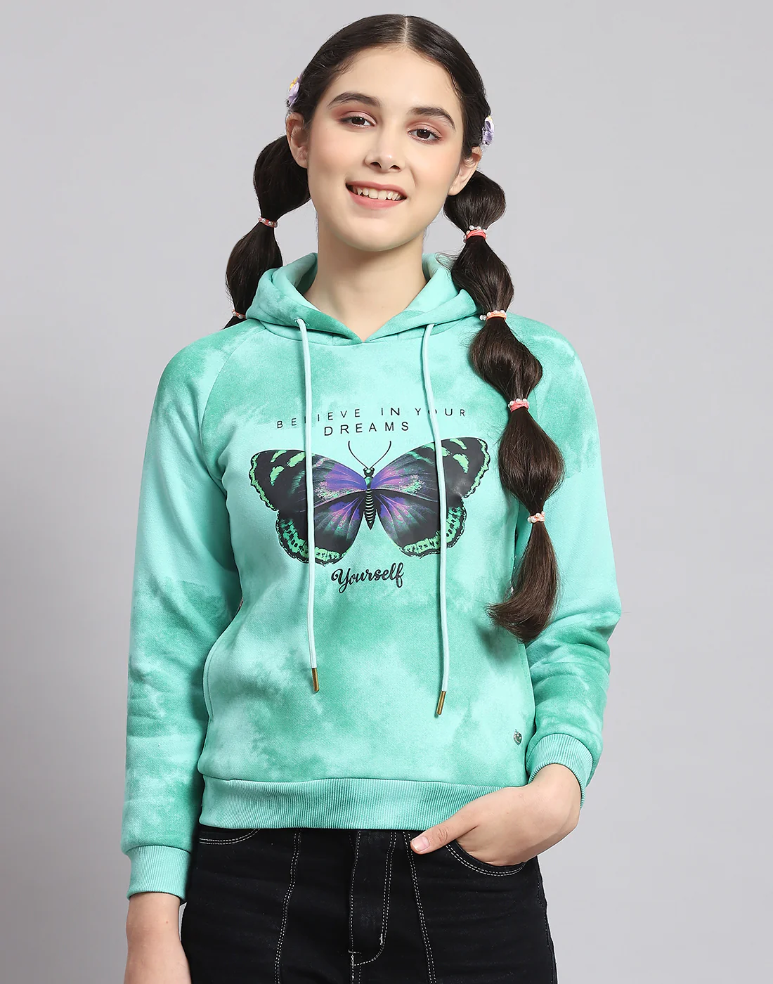 Girls Turquoise Blue Printed Hooded Full Sleeve Sweatshirt - Image 3