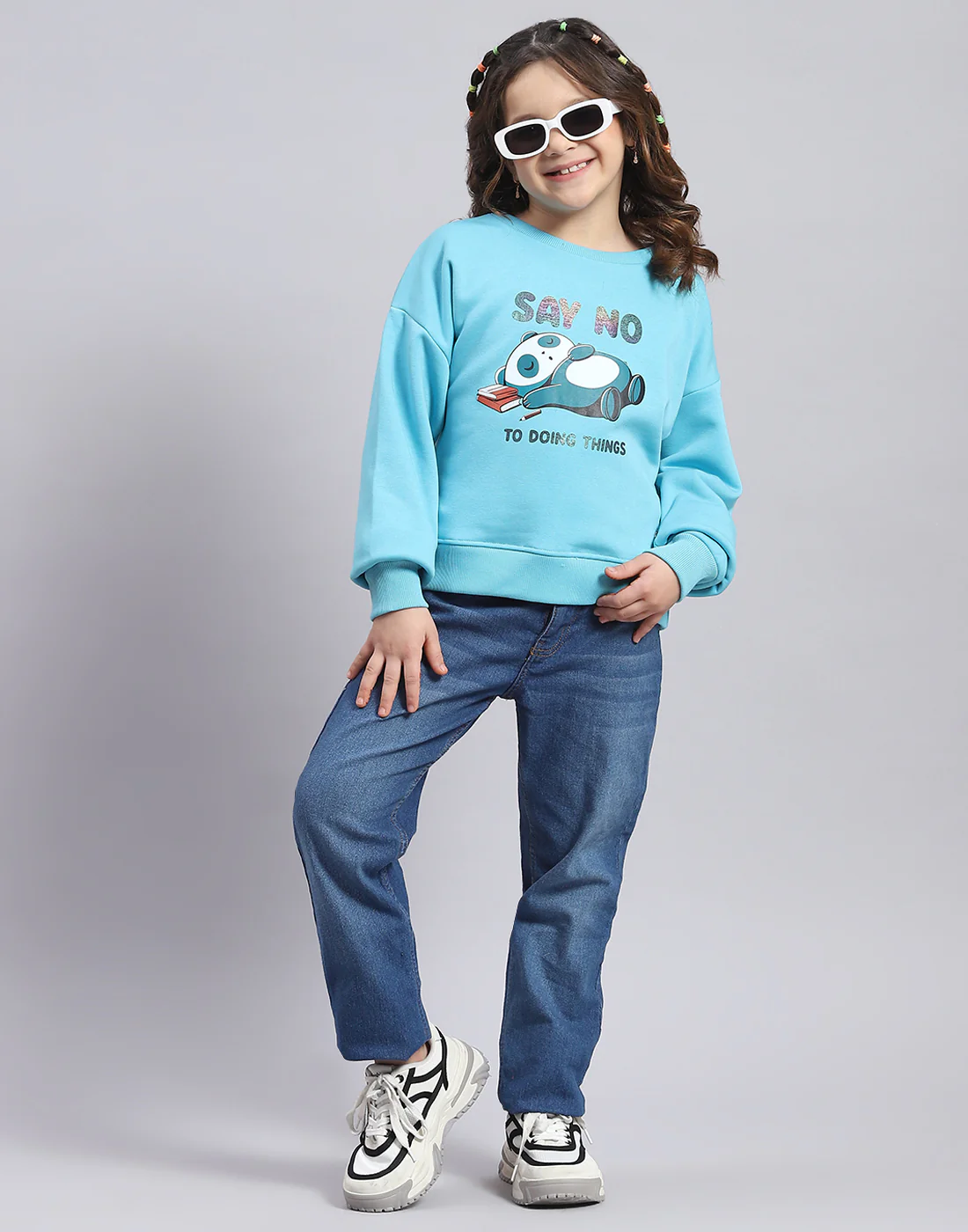Girls Turquoise Blue Printed Round Neck Full Sleeve Sweatshirt - Image 2