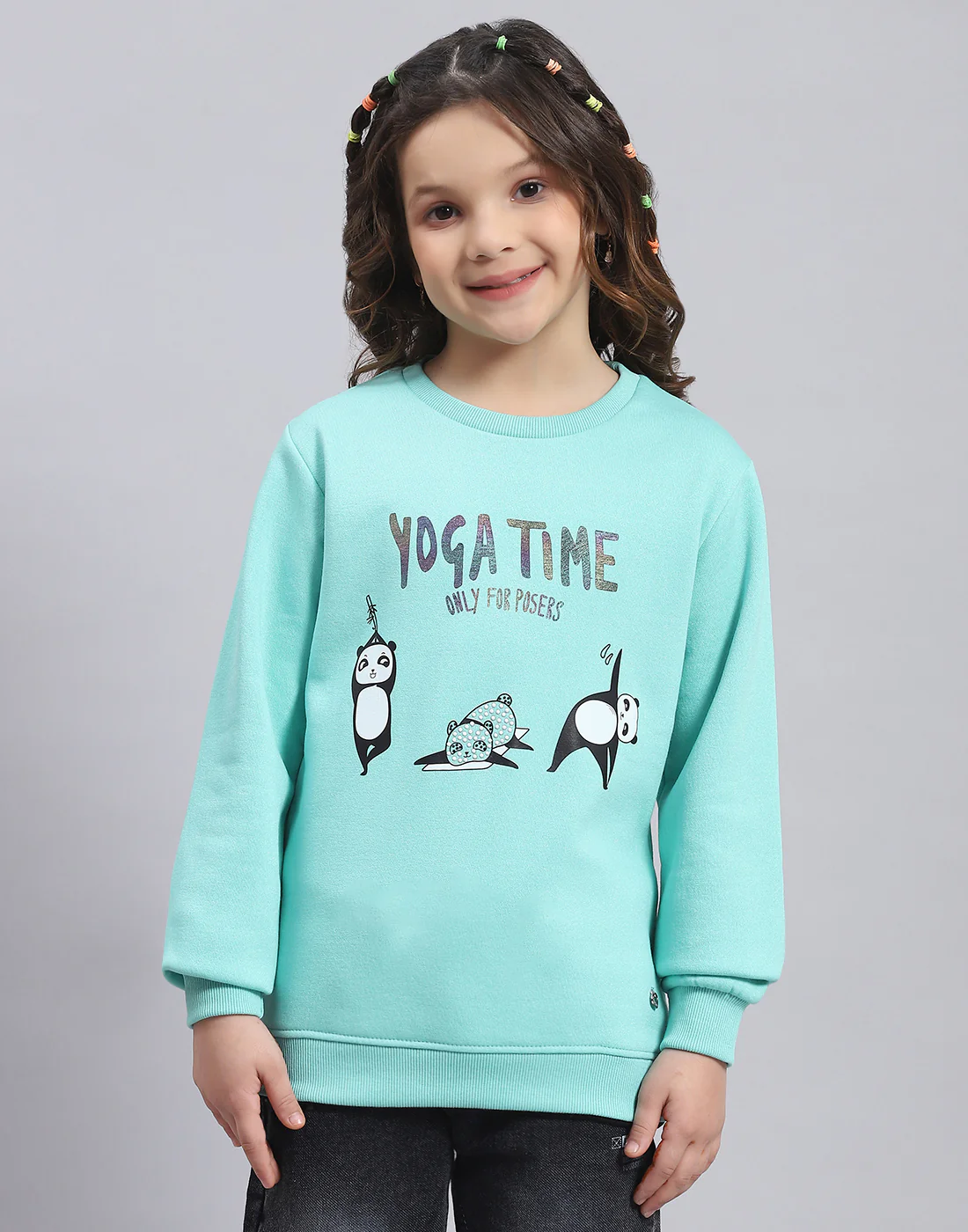 Girls Turquoise Blue Printed Round Neck Full Sleeve Sweatshirt - Image 3