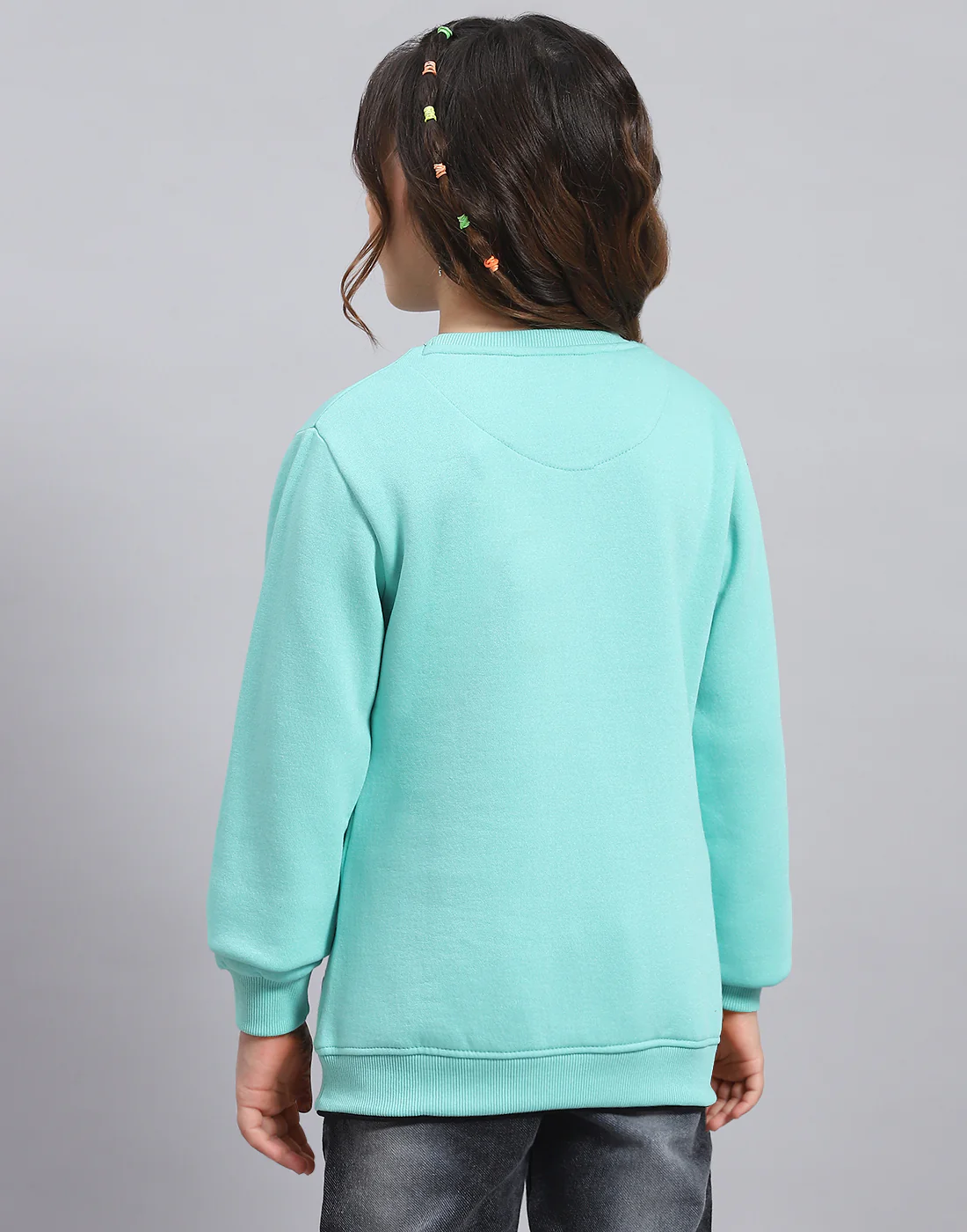 Girls Turquoise Blue Printed Round Neck Full Sleeve Sweatshirt - Image 6