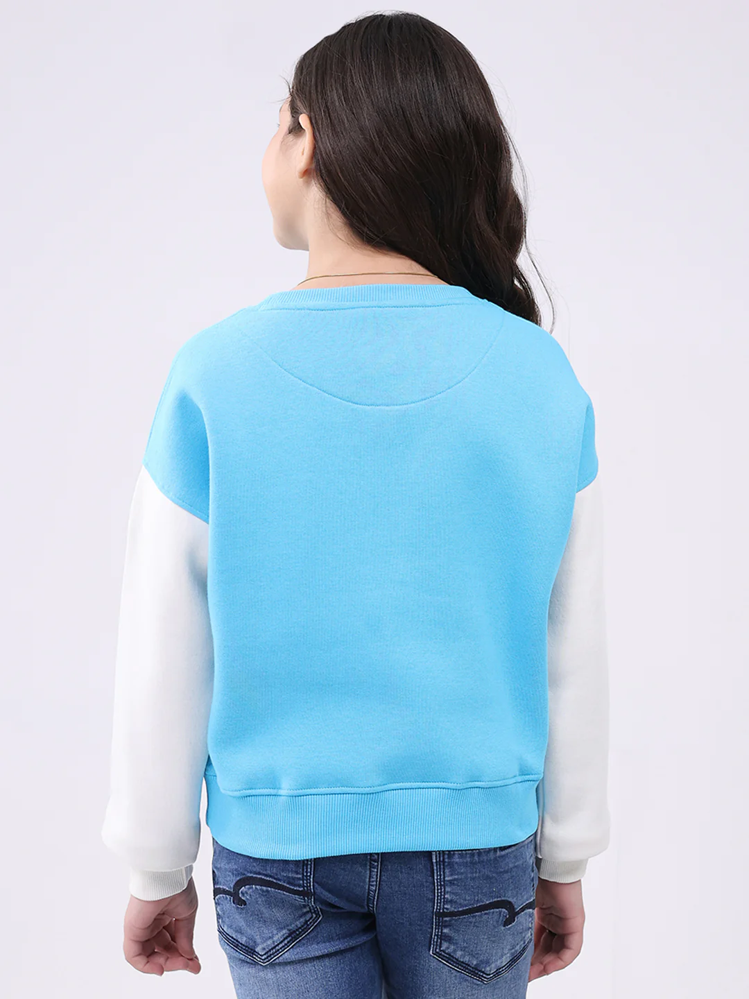 Girls Turquoise Blue Printed Round Neck Full Sleeve Sweatshirt - Image 5