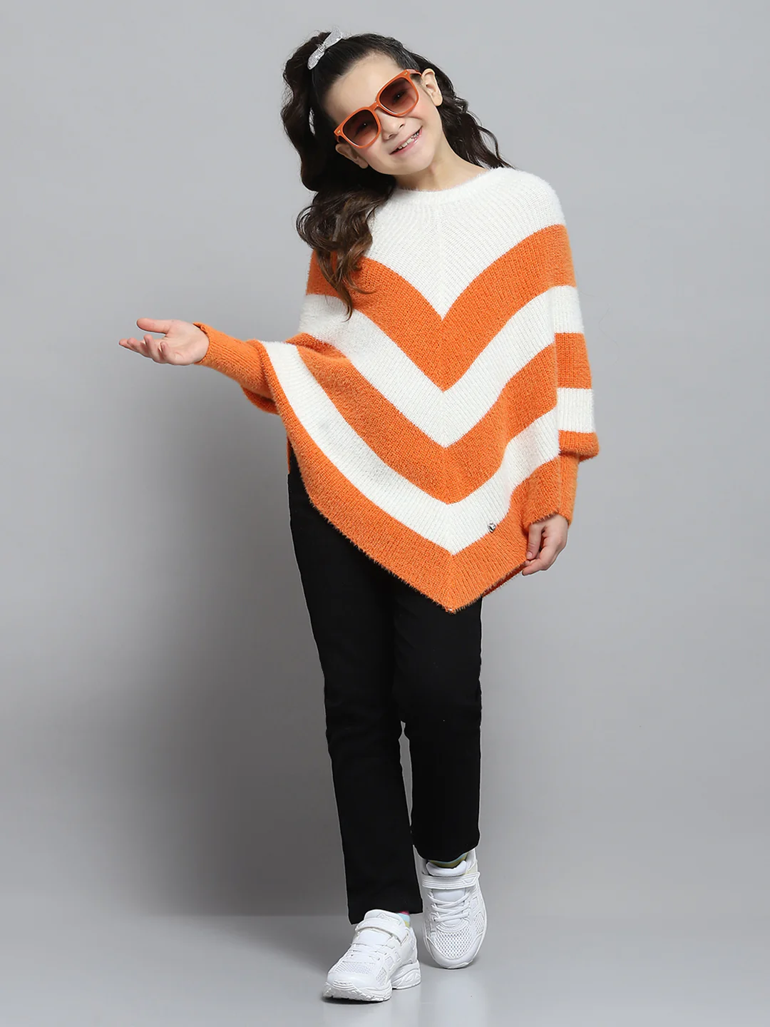 Girls White & Orange Stripe Round Neck Full Sleeve Poncho - Image 2