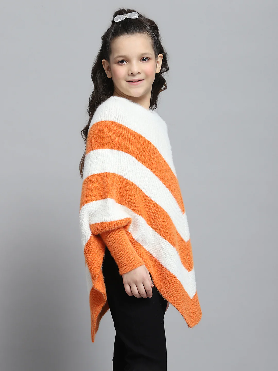 Girls White & Orange Stripe Round Neck Full Sleeve Poncho - Image 4