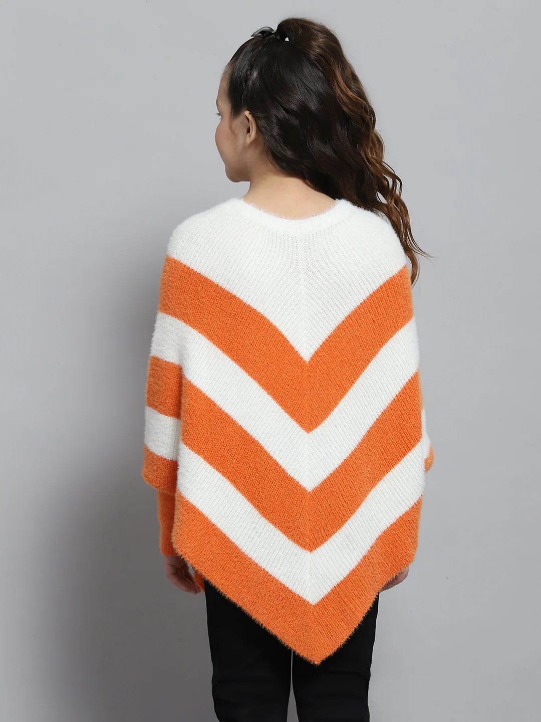 Girls White & Orange Stripe Round Neck Full Sleeve Poncho - Image 5