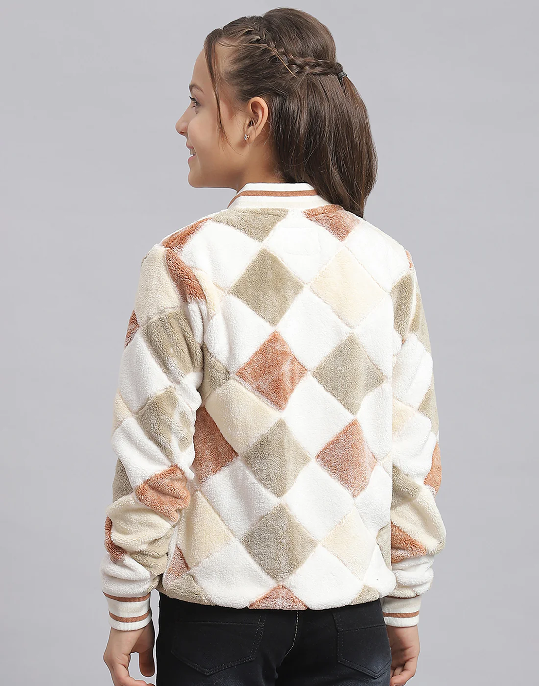 Girls White Printed Mandarin Collar Full Sleeve Sweatshirt - Image 5
