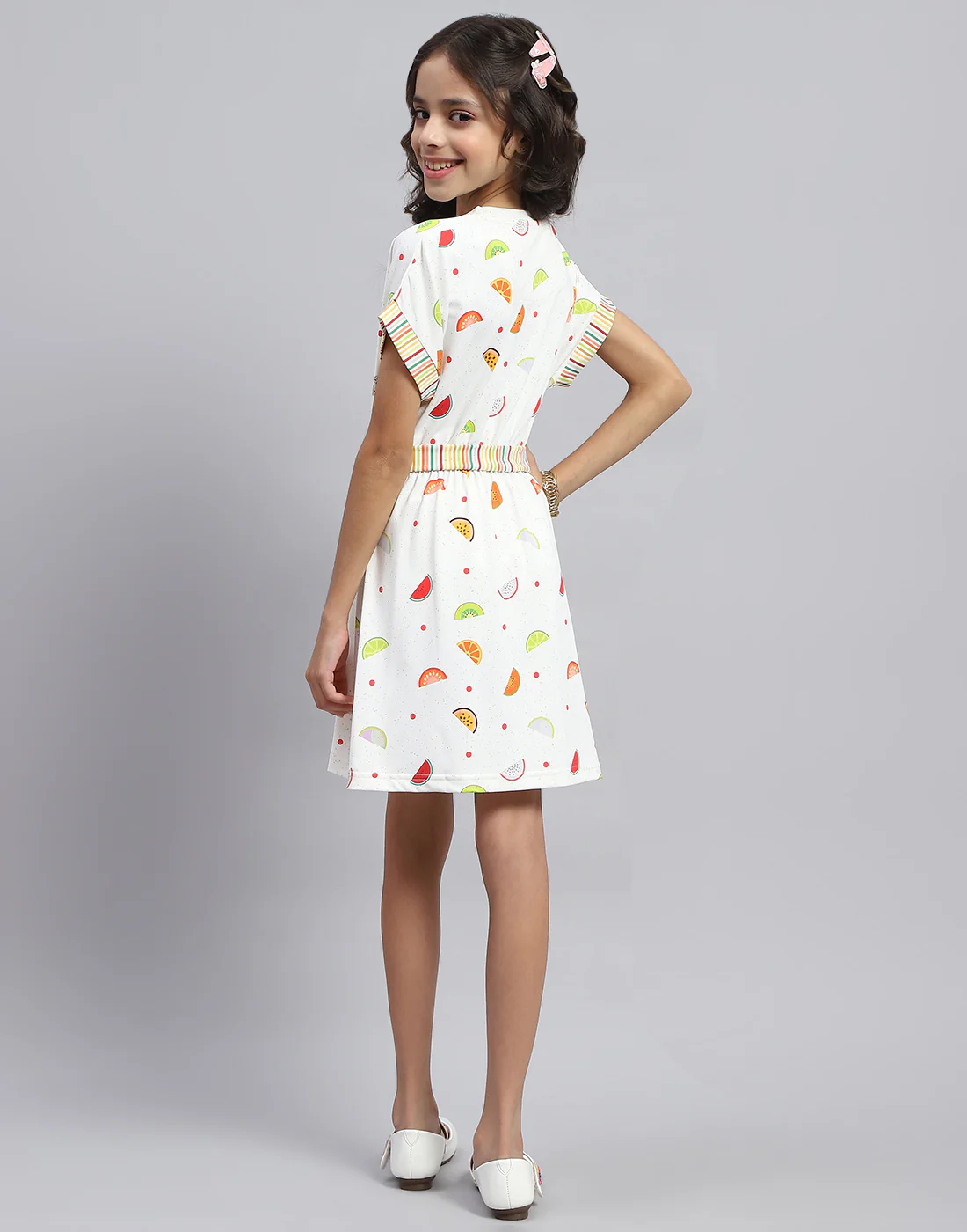 Girls White Printed Round Neck Half Sleeve Dress - Image 5