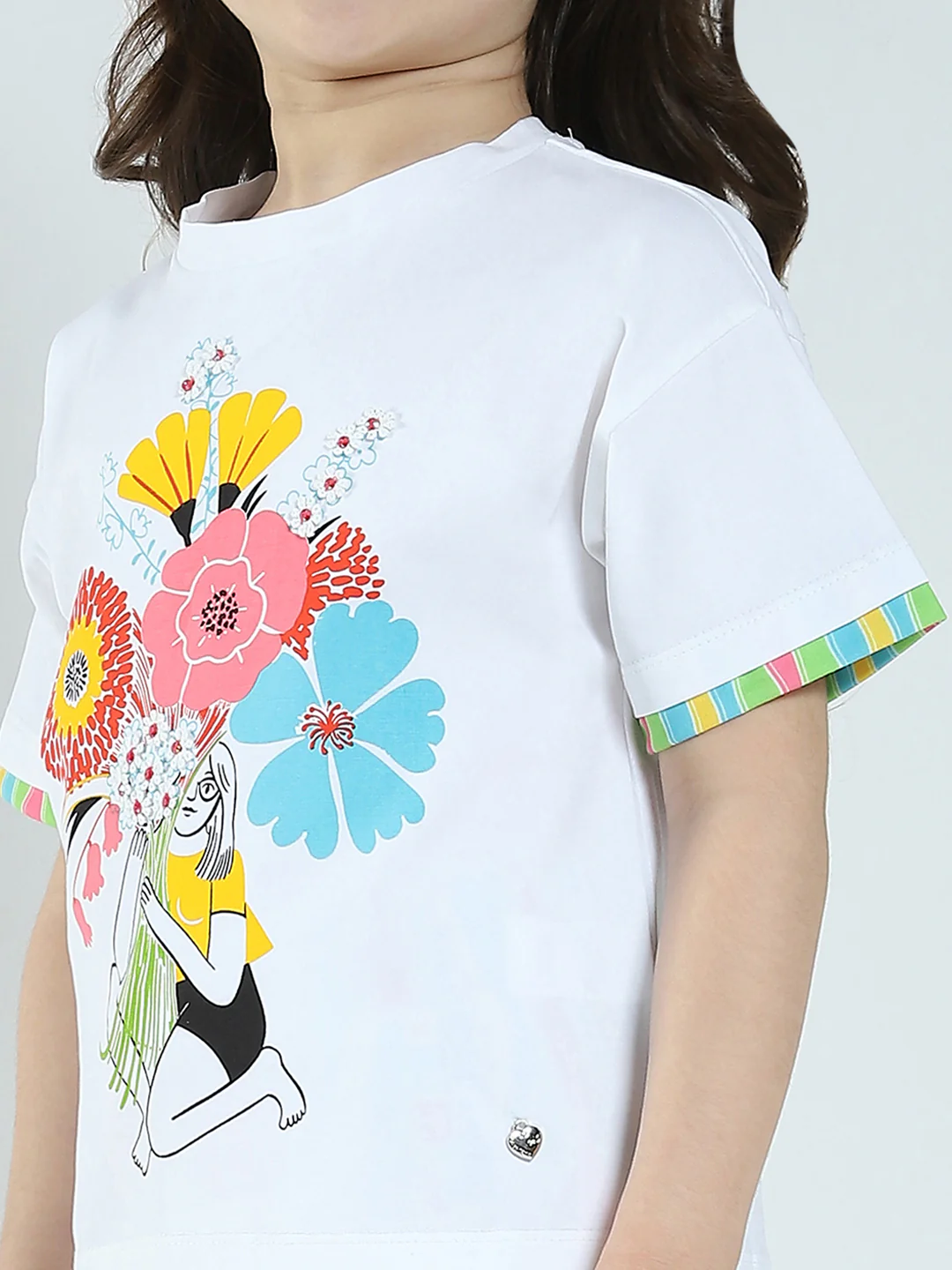 Girls White Printed Round Neck Half Sleeve Lower Set - Image 7