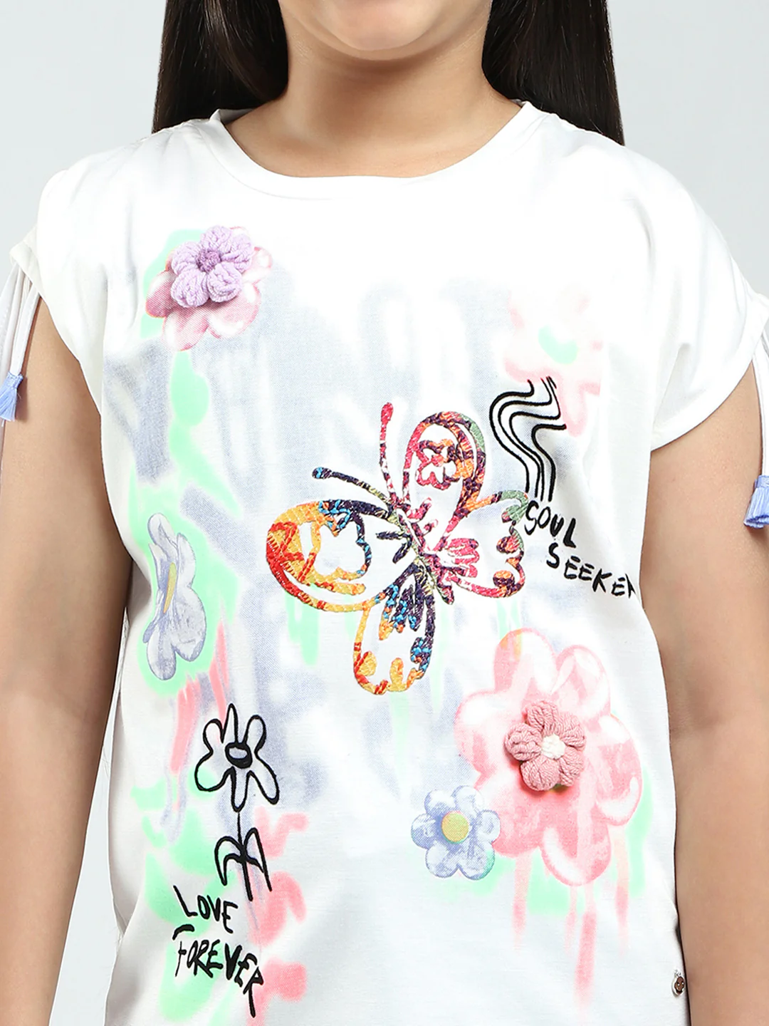Girls White Printed Round Neck Half Sleeve Top - Image 6
