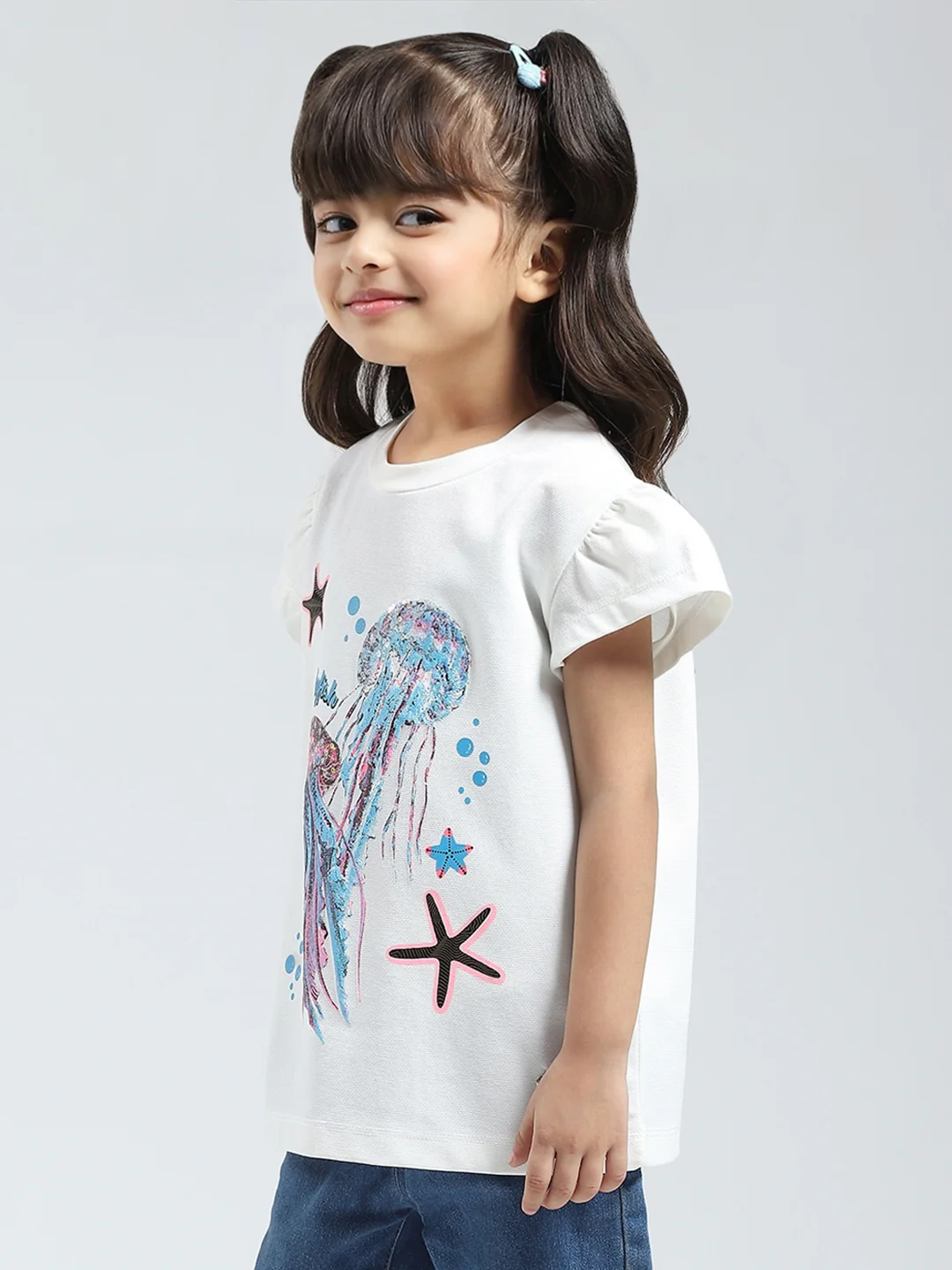 Girls White Printed Round Neck Half Sleeve Top - Image 3