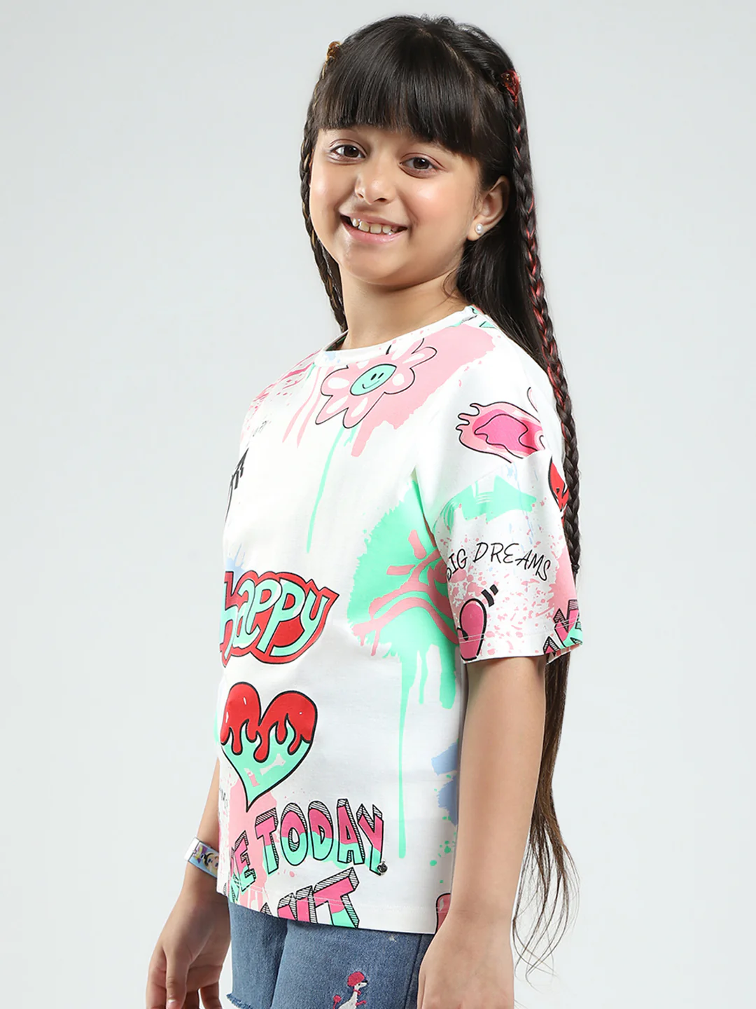 Girls White Printed Round Neck Half Sleeve Top - Image 3