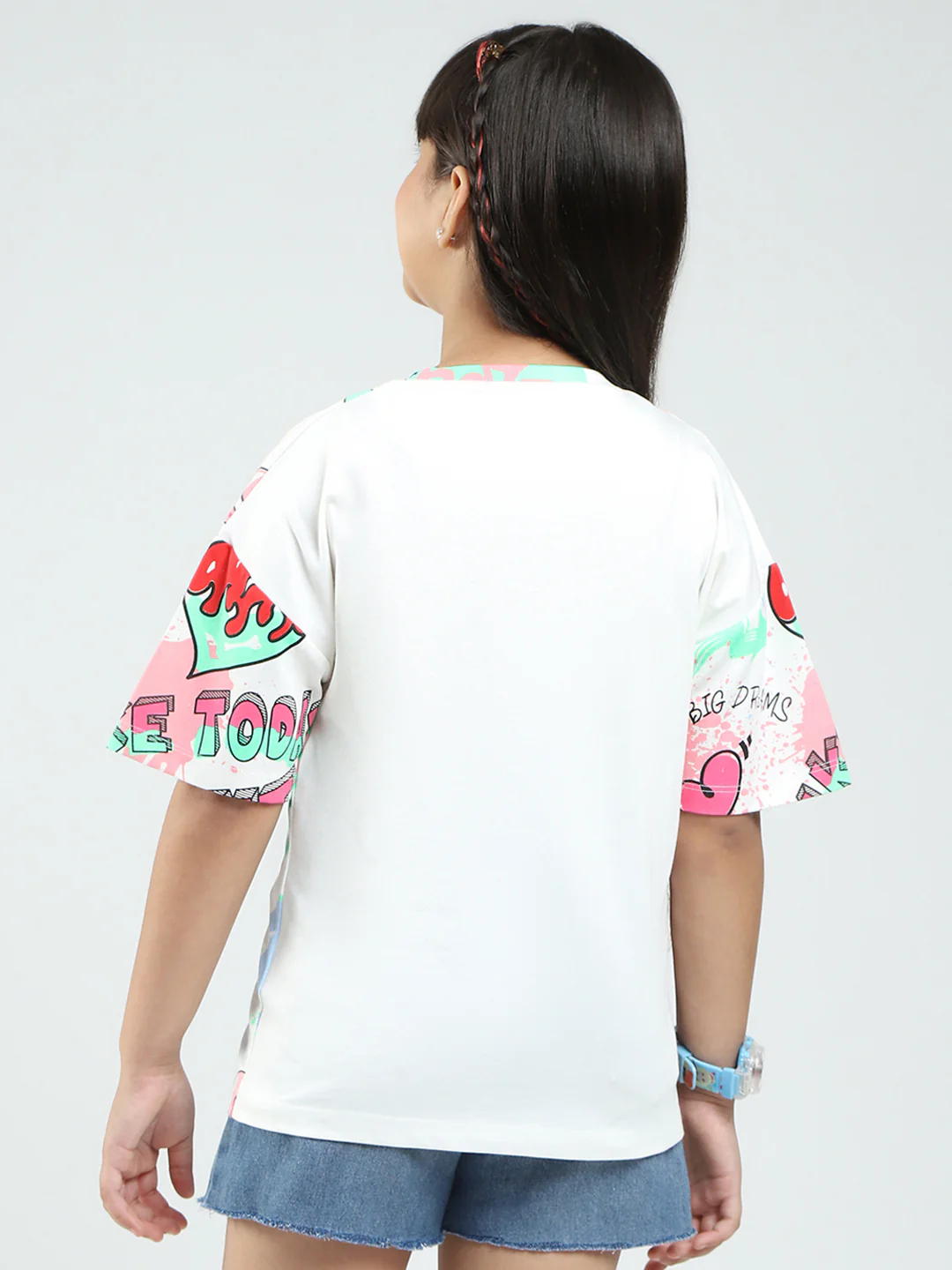 Girls White Printed Round Neck Half Sleeve Top - Image 5