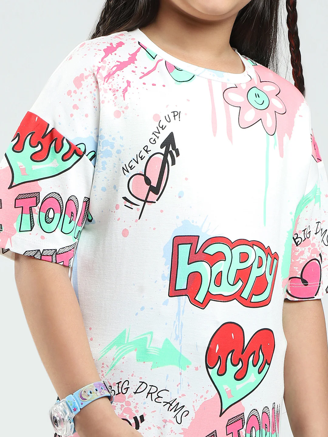 Girls White Printed Round Neck Half Sleeve Top - Image 6