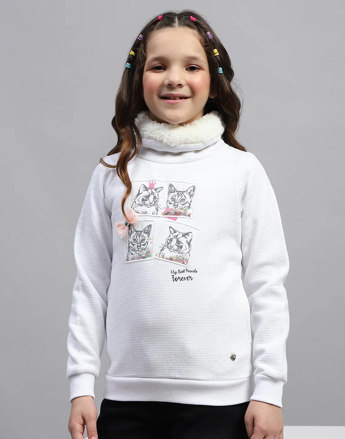 Girls White Solid High Neck Full Sleeve Sweatshirt - Image 2