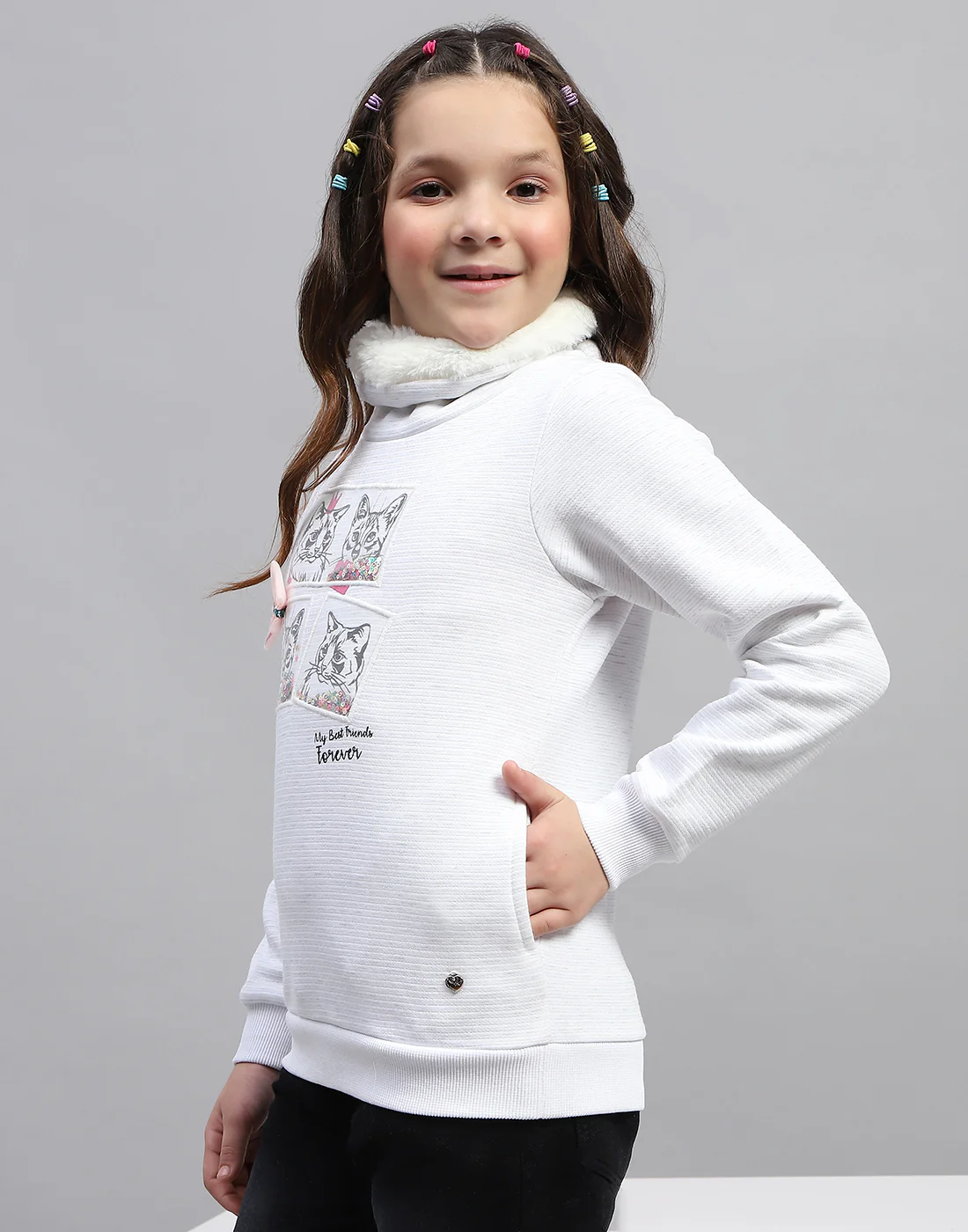 Girls White Solid High Neck Full Sleeve Sweatshirt - Image 3