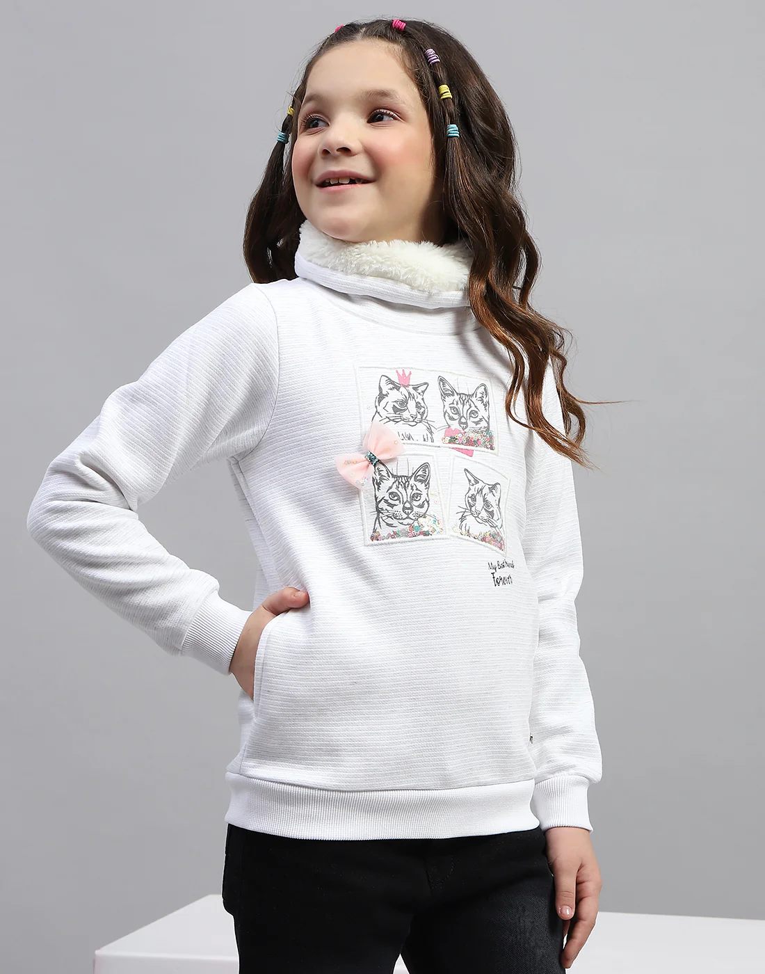 Girls White Solid High Neck Full Sleeve Sweatshirt - Image 4