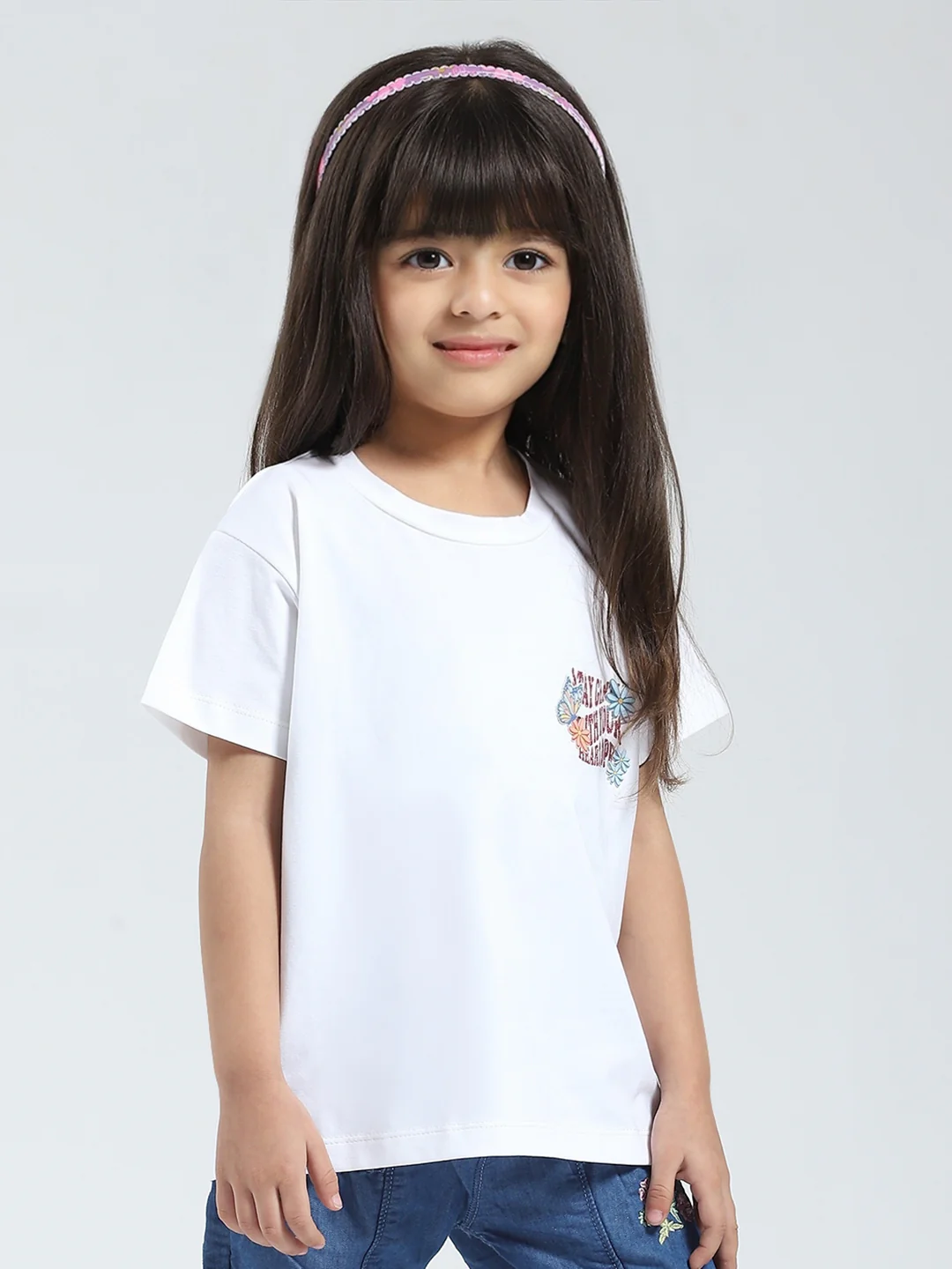 Girls White Solid Round Neck Half Sleeve Top - Image 4