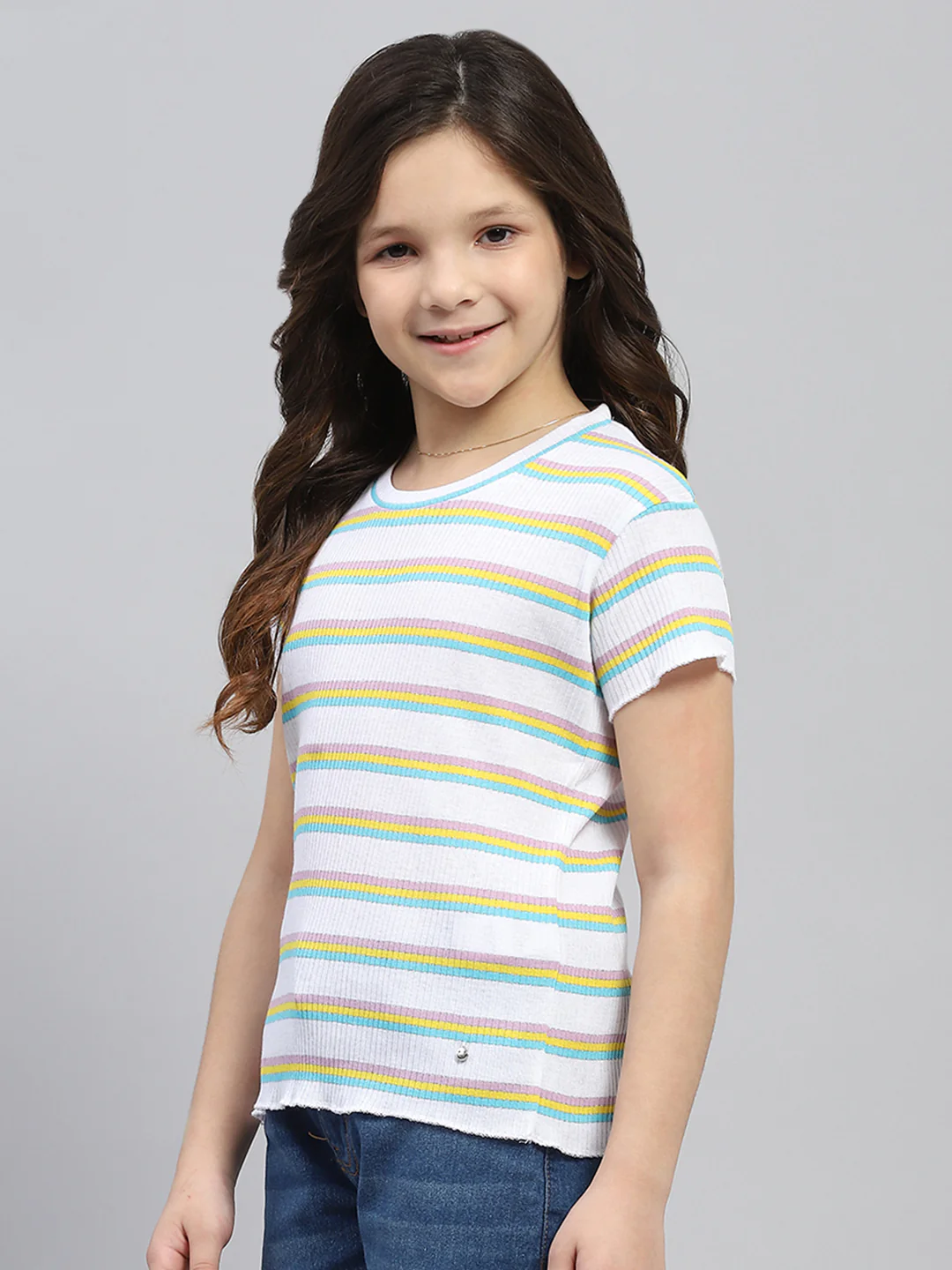 Girls White Stripe Round Neck Half Sleeve Top - Image 3