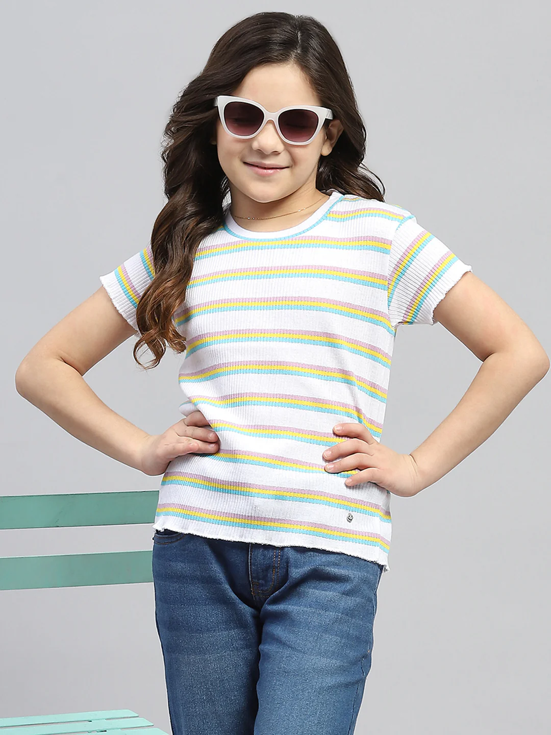 Girls White Stripe Round Neck Half Sleeve Top - Image 6