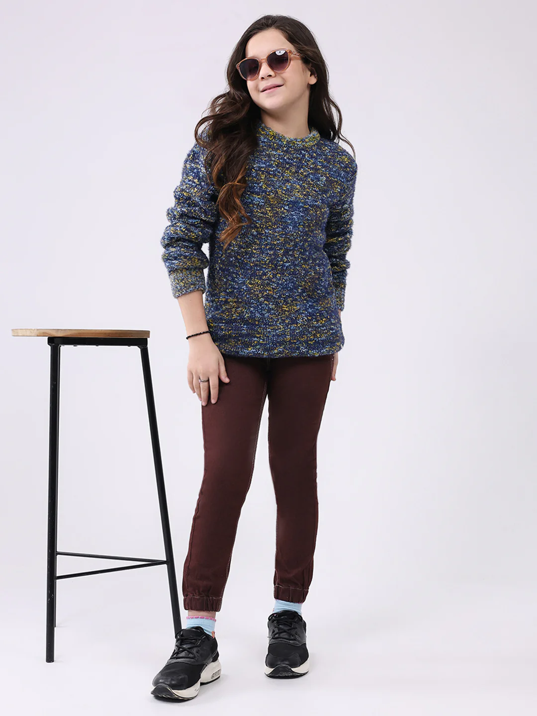 Girls Yellow & Green Self Design Round Neck Full Sleeve Pullover - Image 2