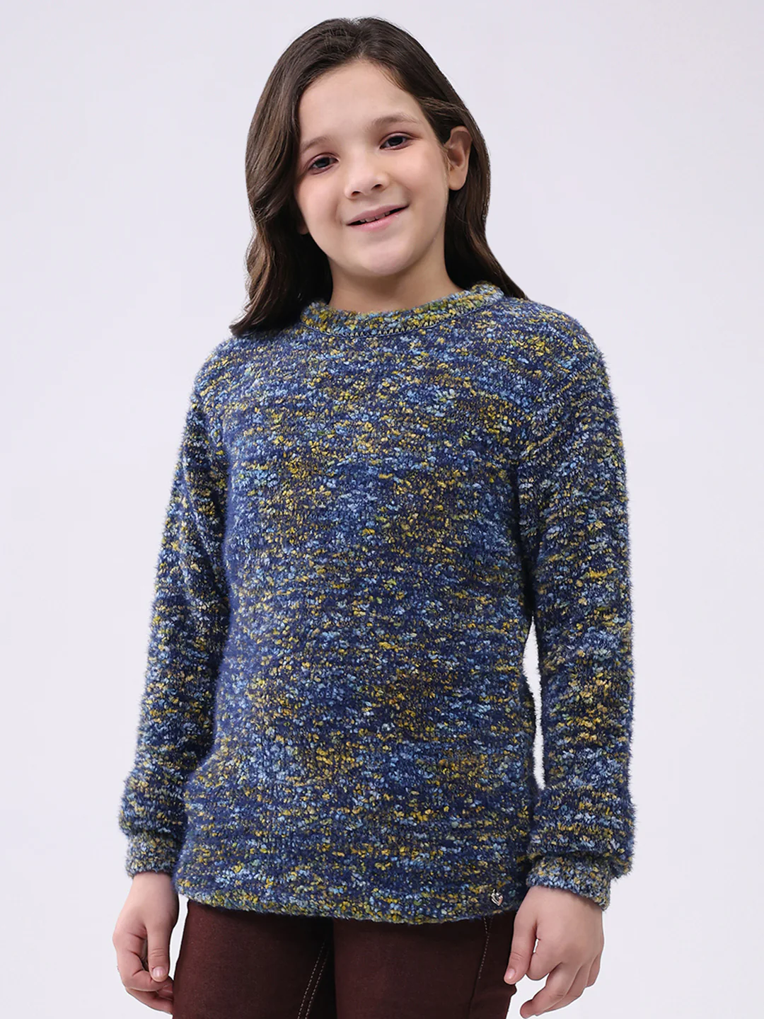 Girls Yellow & Green Self Design Round Neck Full Sleeve Pullover - Image 3