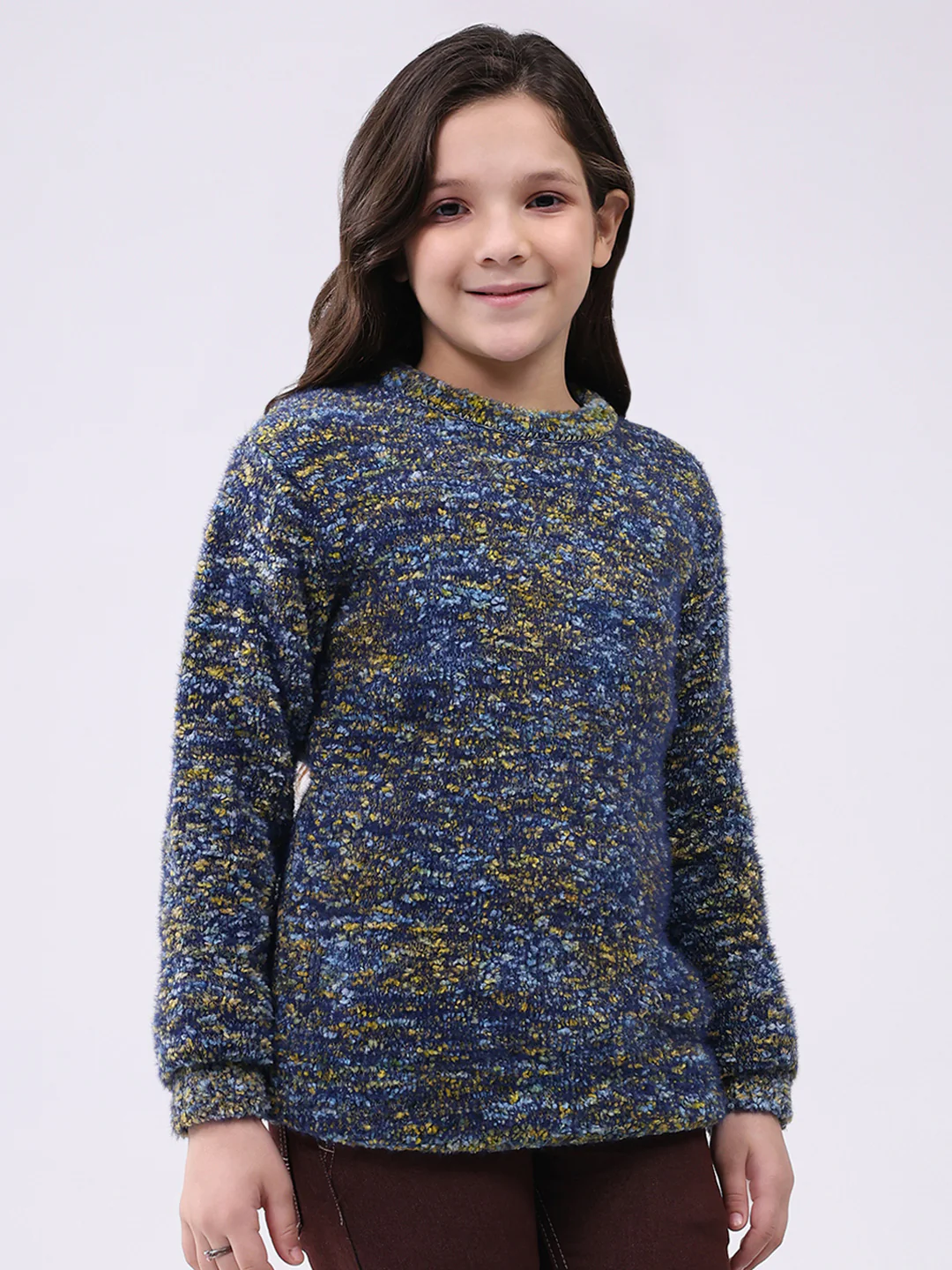 Girls Yellow & Green Self Design Round Neck Full Sleeve Pullover - Image 4