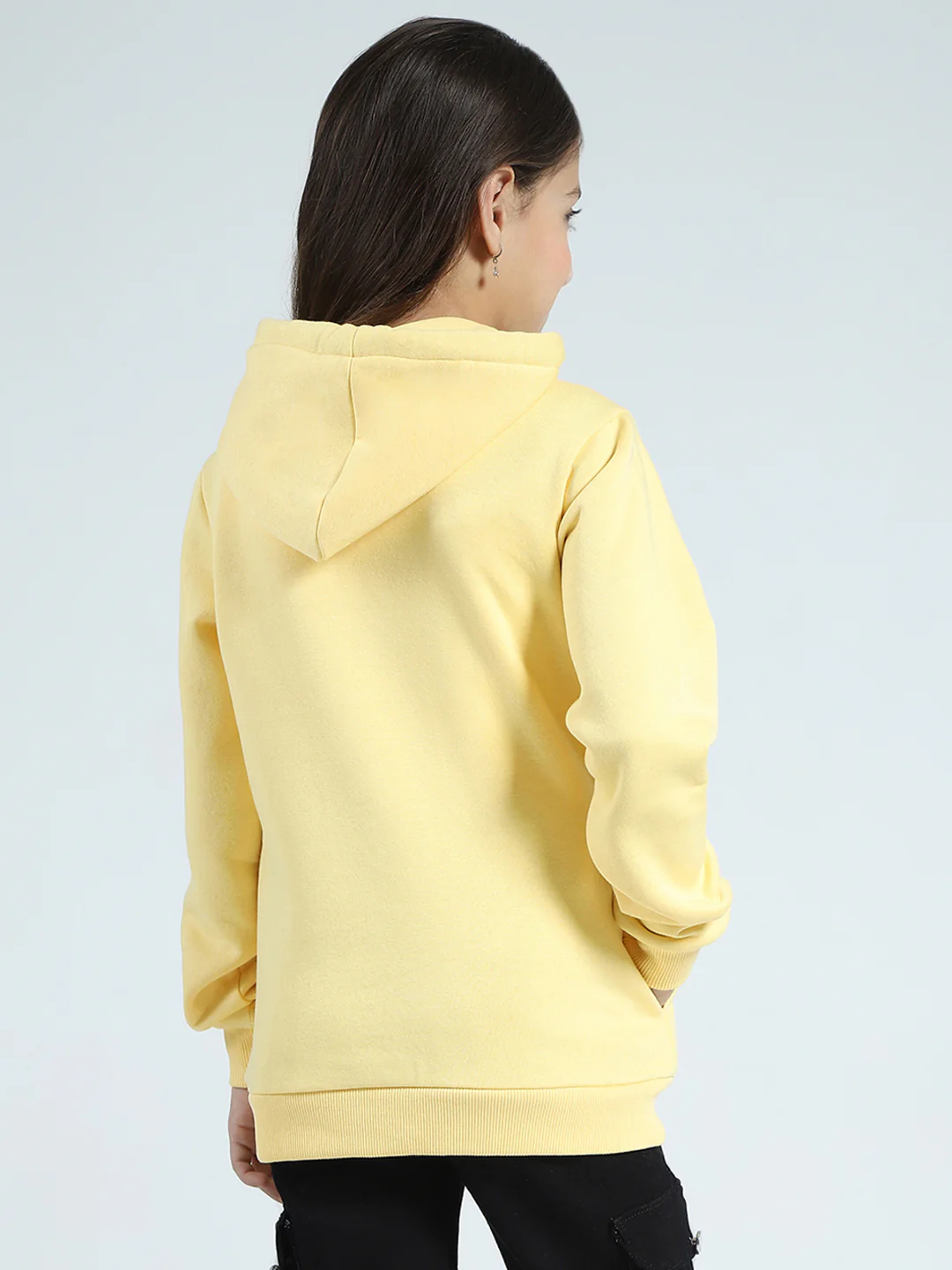 Girls Yellow Printed Hooded Full Sleeve Sweatshirt - Image 5