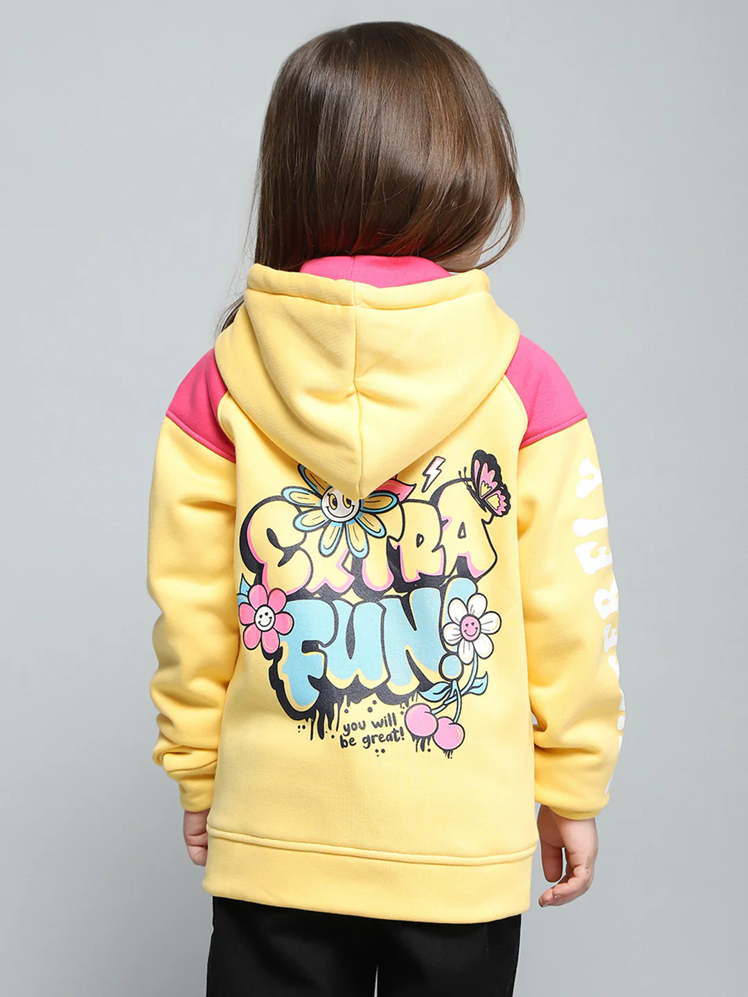 Girls Yellow Printed Hooded Full Sleeve Sweatshirt - Image 5
