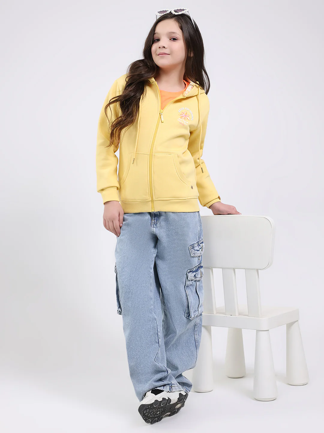 Girls Yellow Printed Hooded Full Sleeve Sweatshirt - Image 2
