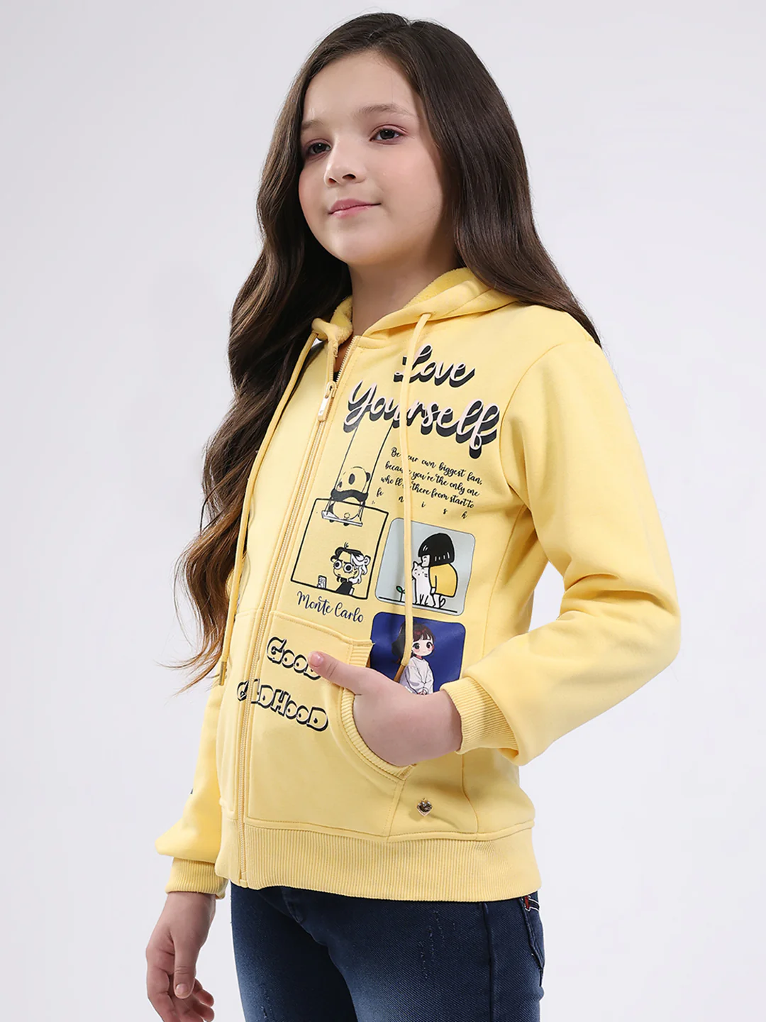 Girls Yellow Printed Hooded Full Sleeve Sweatshirt - Image 3