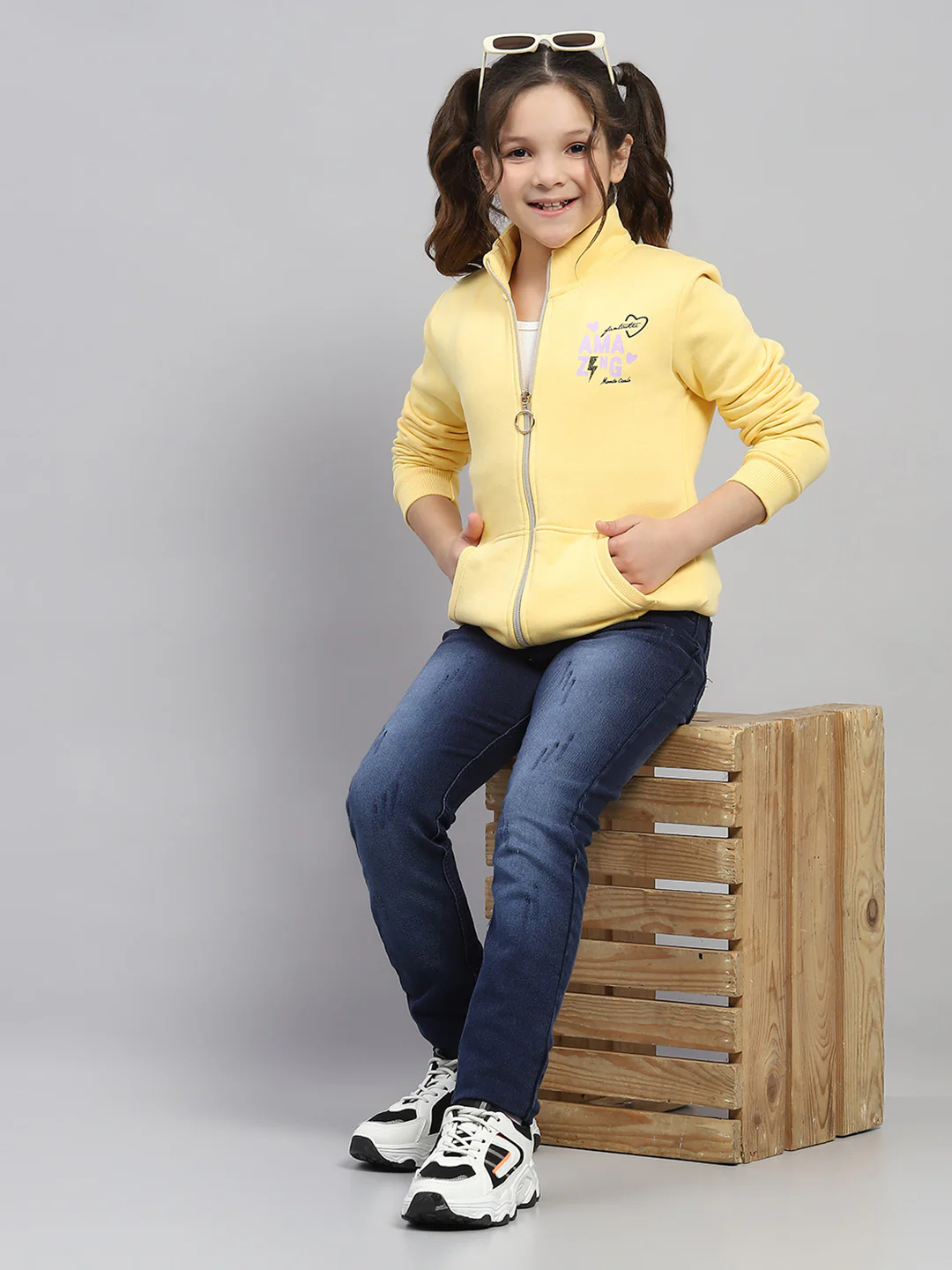 Girls Yellow Printed Mock Neck Full Sleeve Sweatshirt - Image 2
