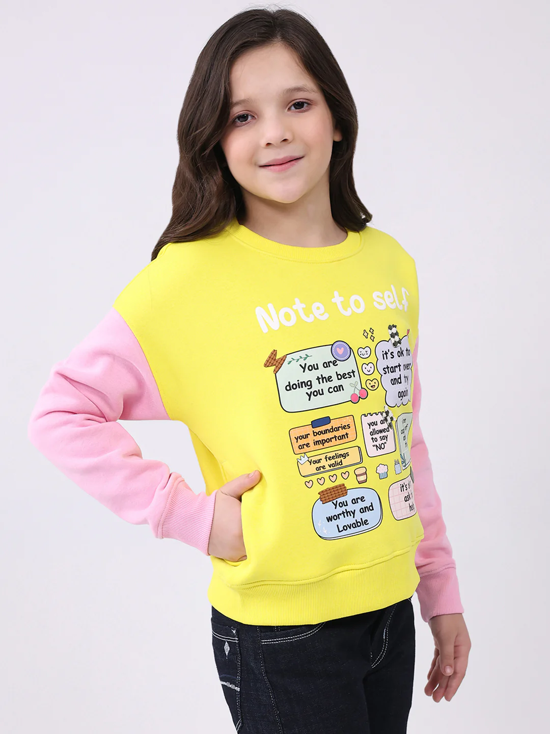 Girls Yellow Printed Round Neck Full Sleeve Sweatshirt - Image 4