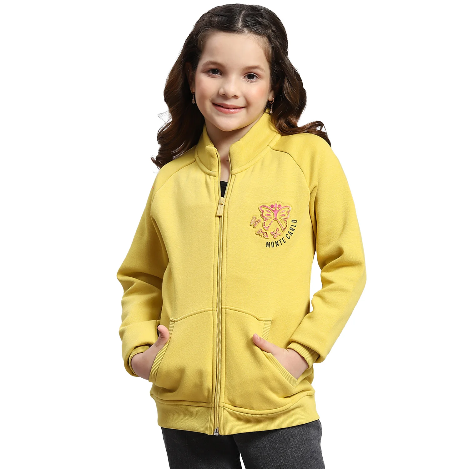 Girls Yellow Printed Stand Collar Full Sleeve Sweatshirt - Image 5